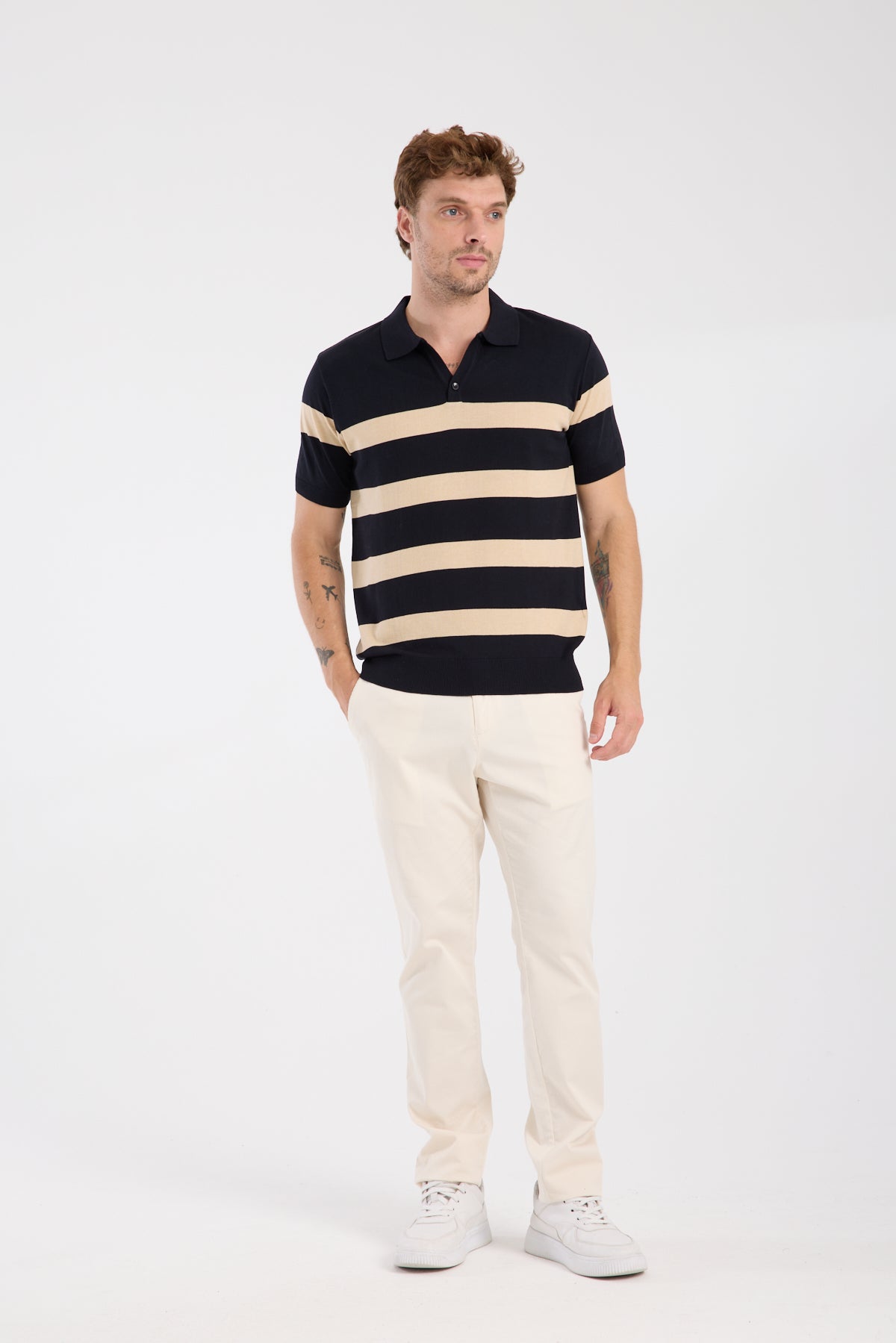 AClub Bravo Örme Kumaş Viskon Karışımlı Slim Fit Lacivert Polo Yaka Erkek Çizgili Polo Shirt