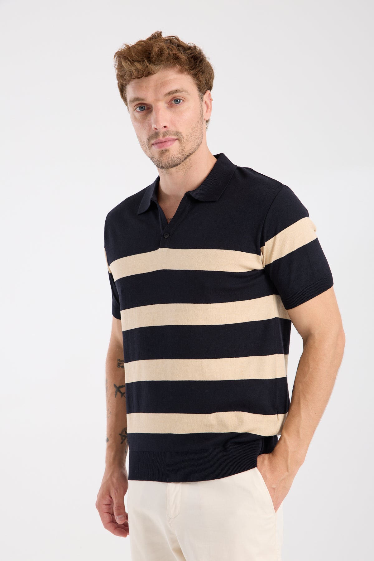 AClub Bravo Örme Kumaş Viskon Karışımlı Slim Fit Lacivert Polo Yaka Erkek Çizgili Polo Shirt