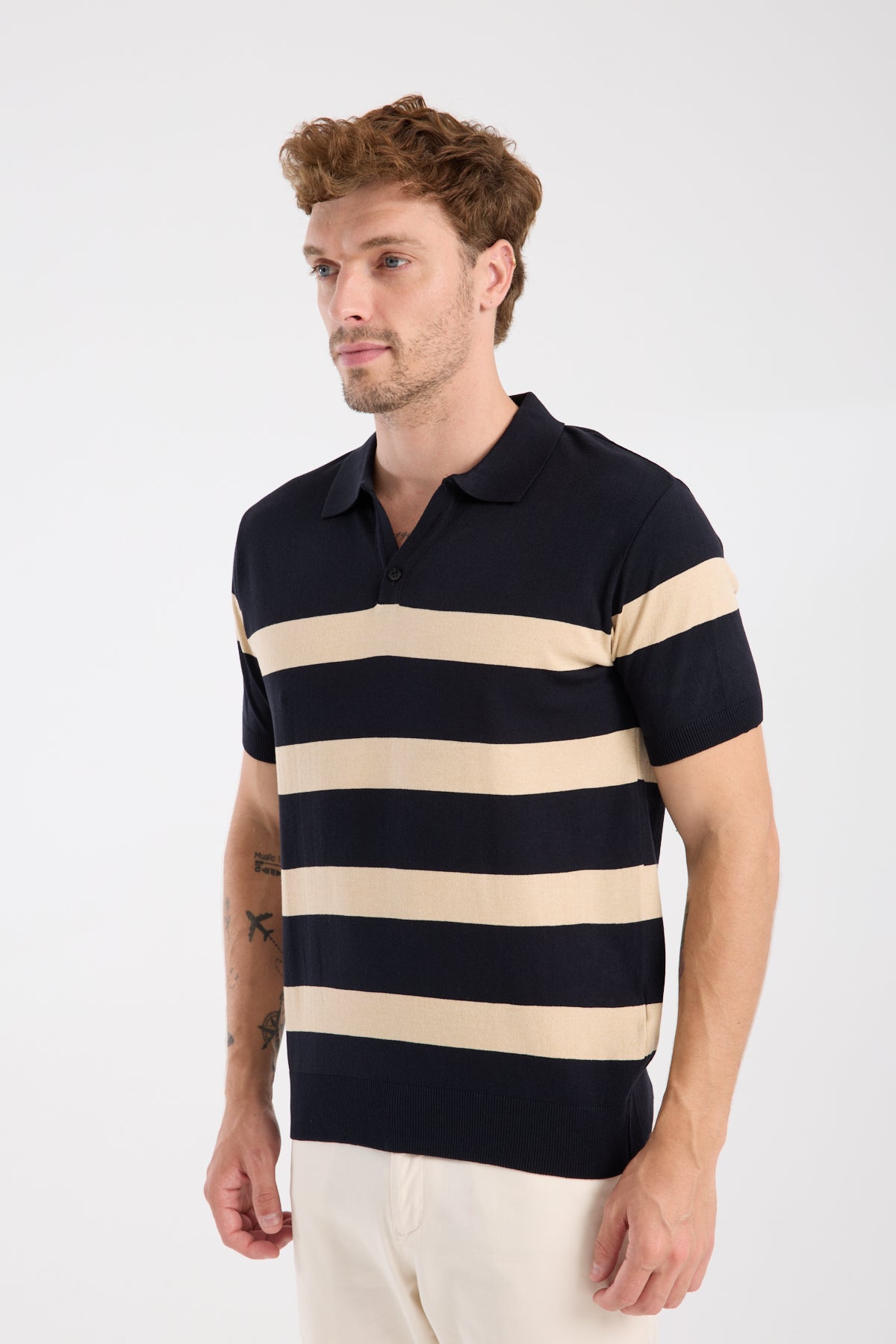 AClub Bravo Örme Kumaş Viskon Karışımlı Slim Fit Lacivert Polo Yaka Erkek Çizgili Polo Shirt