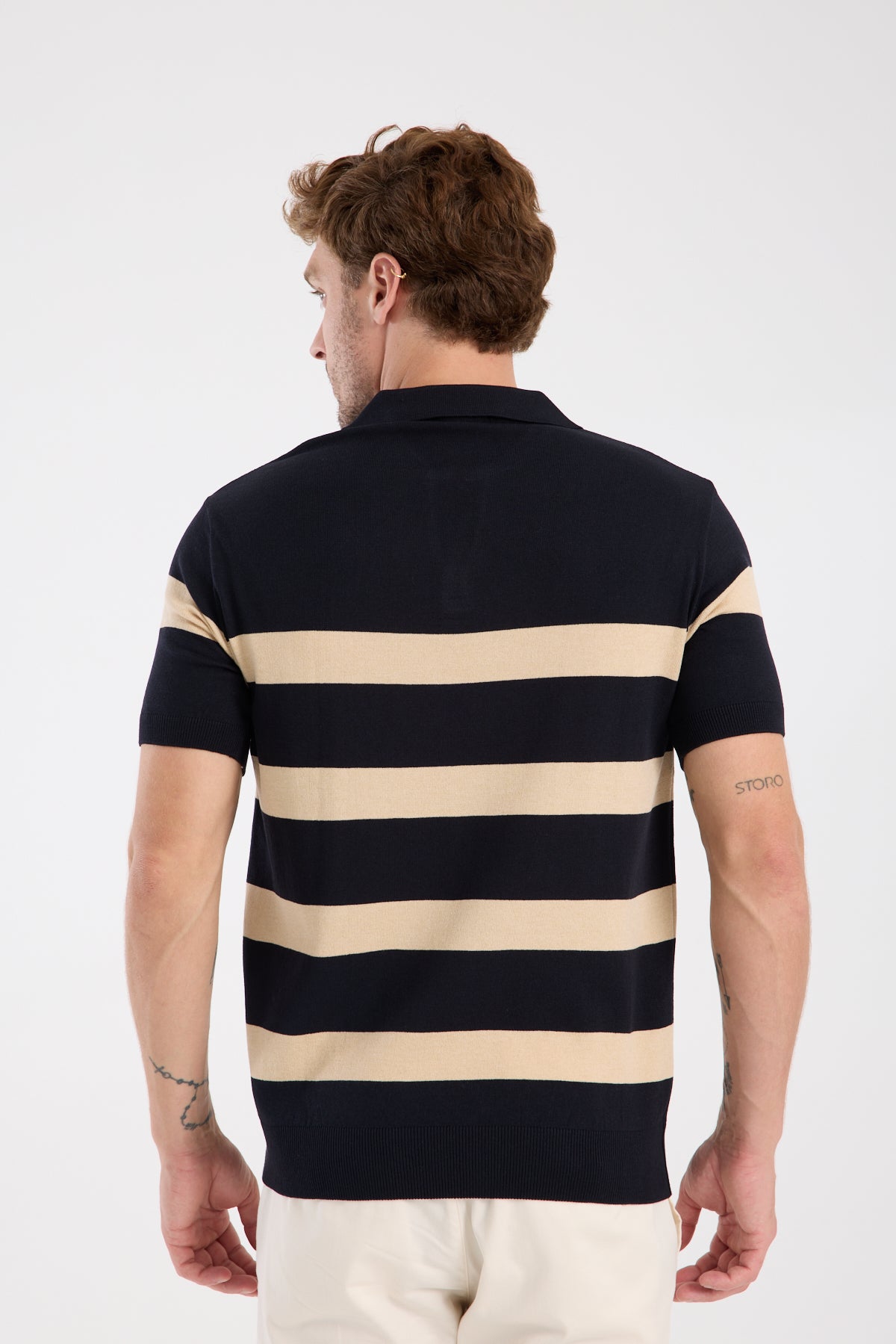 AClub Bravo Örme Kumaş Viskon Karışımlı Slim Fit Lacivert Polo Yaka Erkek Çizgili Polo Shirt