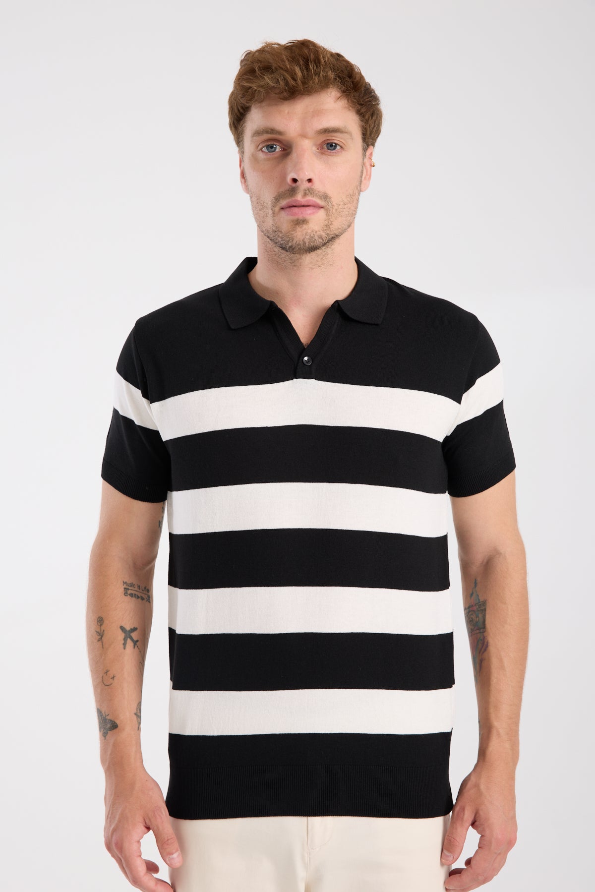 AClub Bravo Örme Kumaş Viskon Karışımlı Slim Fit Siyah Polo Yaka Erkek Çizgili Polo Shirt