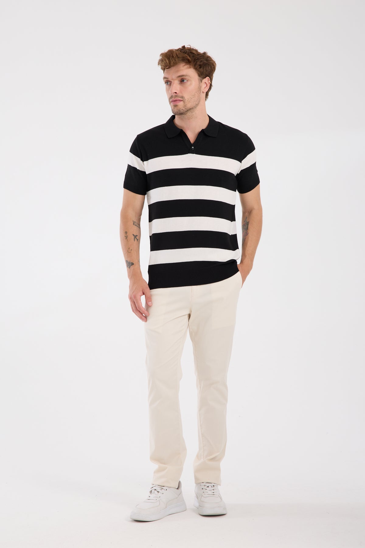 AClub Bravo Örme Kumaş Viskon Karışımlı Slim Fit Siyah Polo Yaka Erkek Çizgili Polo Shirt