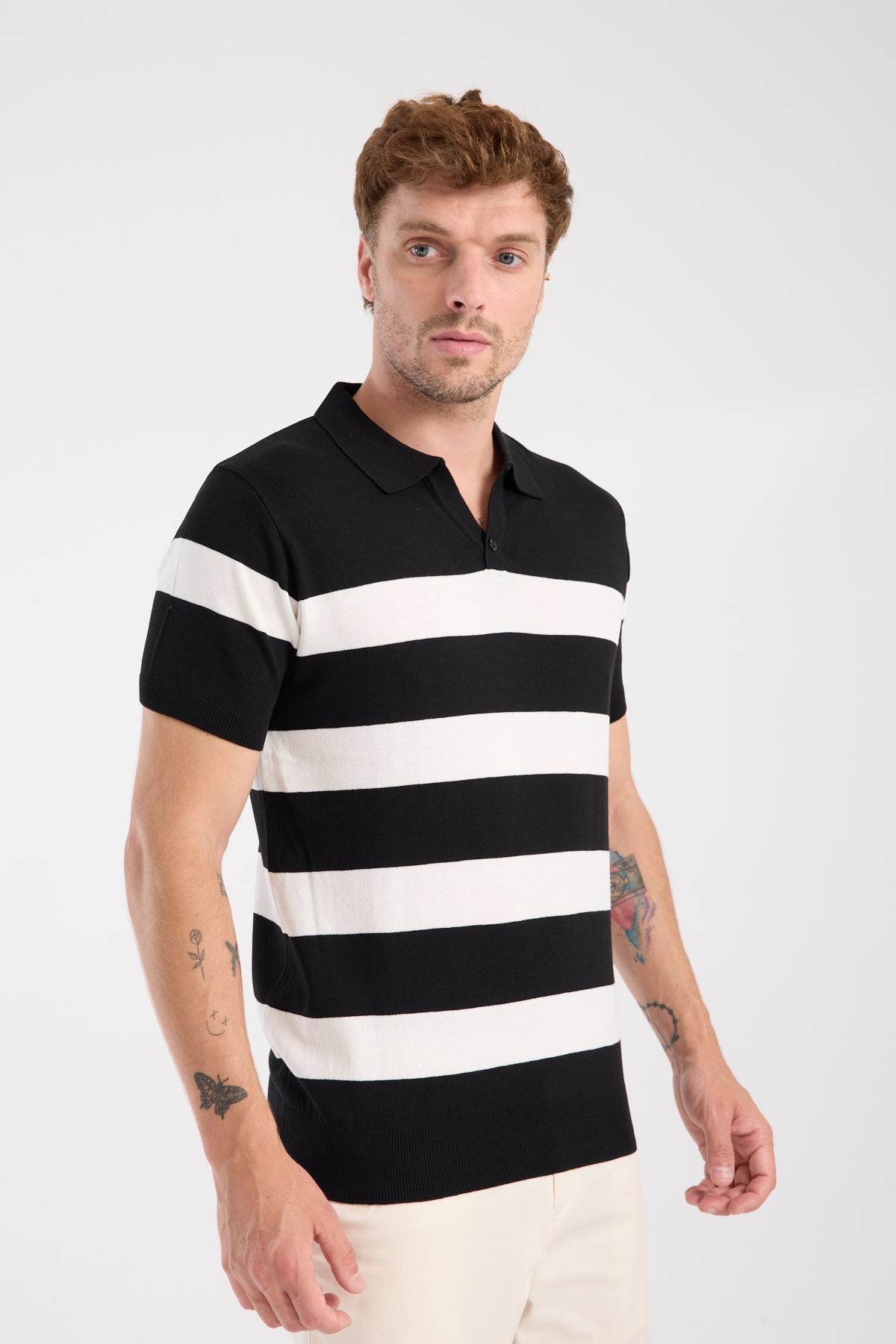 AClub Bravo Örme Kumaş Viskon Karışımlı Slim Fit Siyah Polo Yaka Erkek Çizgili Polo Shirt