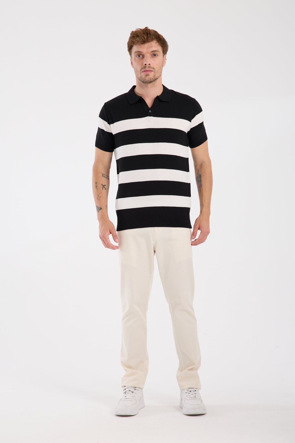 AClub Bravo Örme Kumaş Viskon Karışımlı Slim Fit Siyah Polo Yaka Erkek Çizgili Polo Shirt