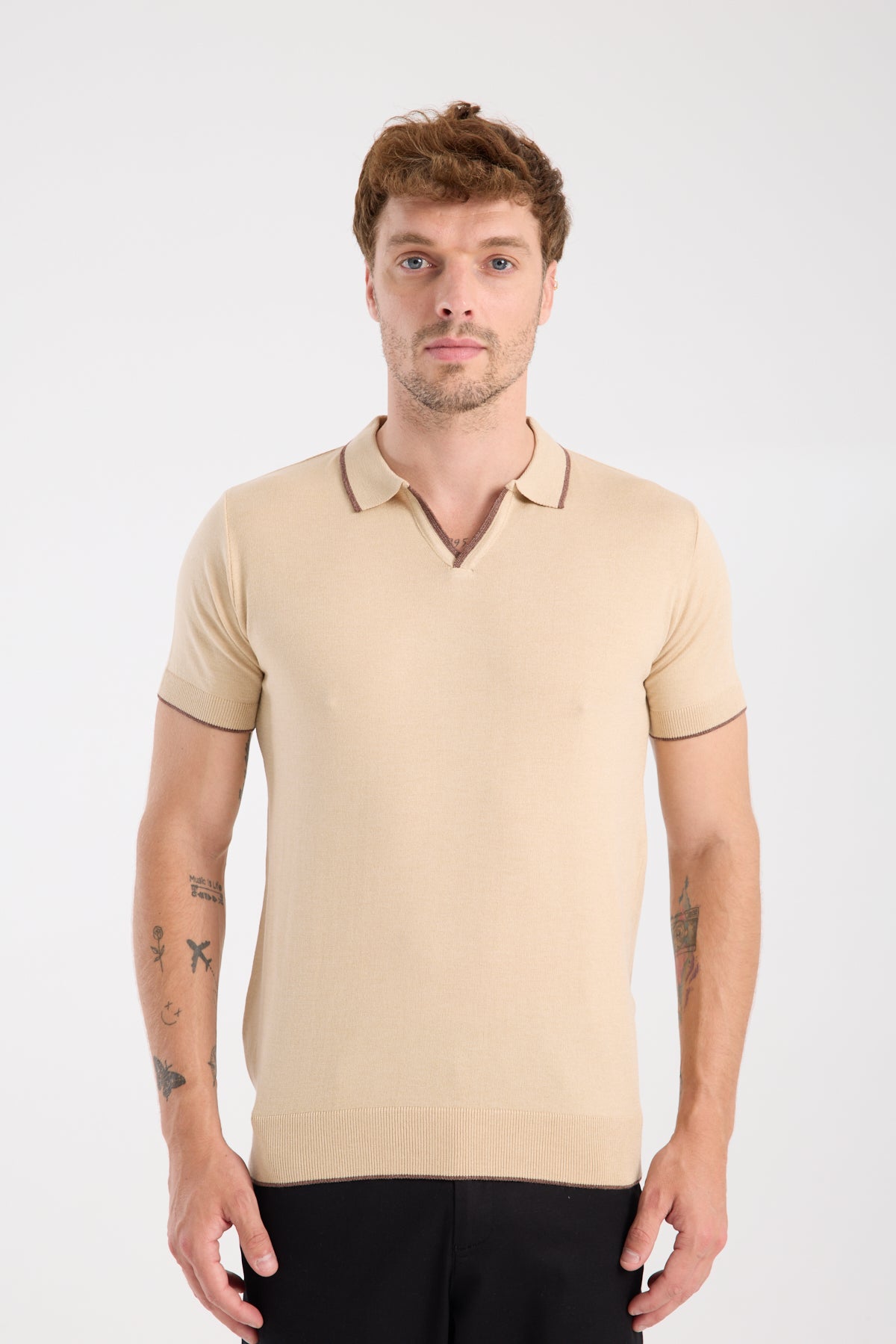 AClub Delta Örme Kumaş Viskon Karışımlı Slim Fit Koyu Bej Polo Yaka Erkek Düz Polo Shirt