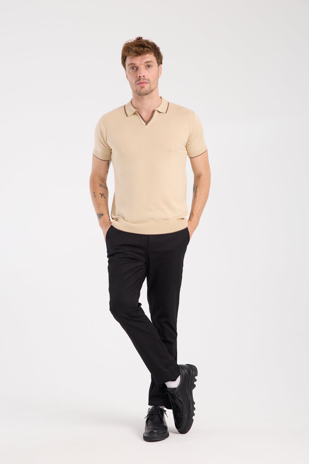AClub Delta Örme Kumaş Viskon Karışımlı Slim Fit Koyu Bej Polo Yaka Erkek Düz Polo Shirt