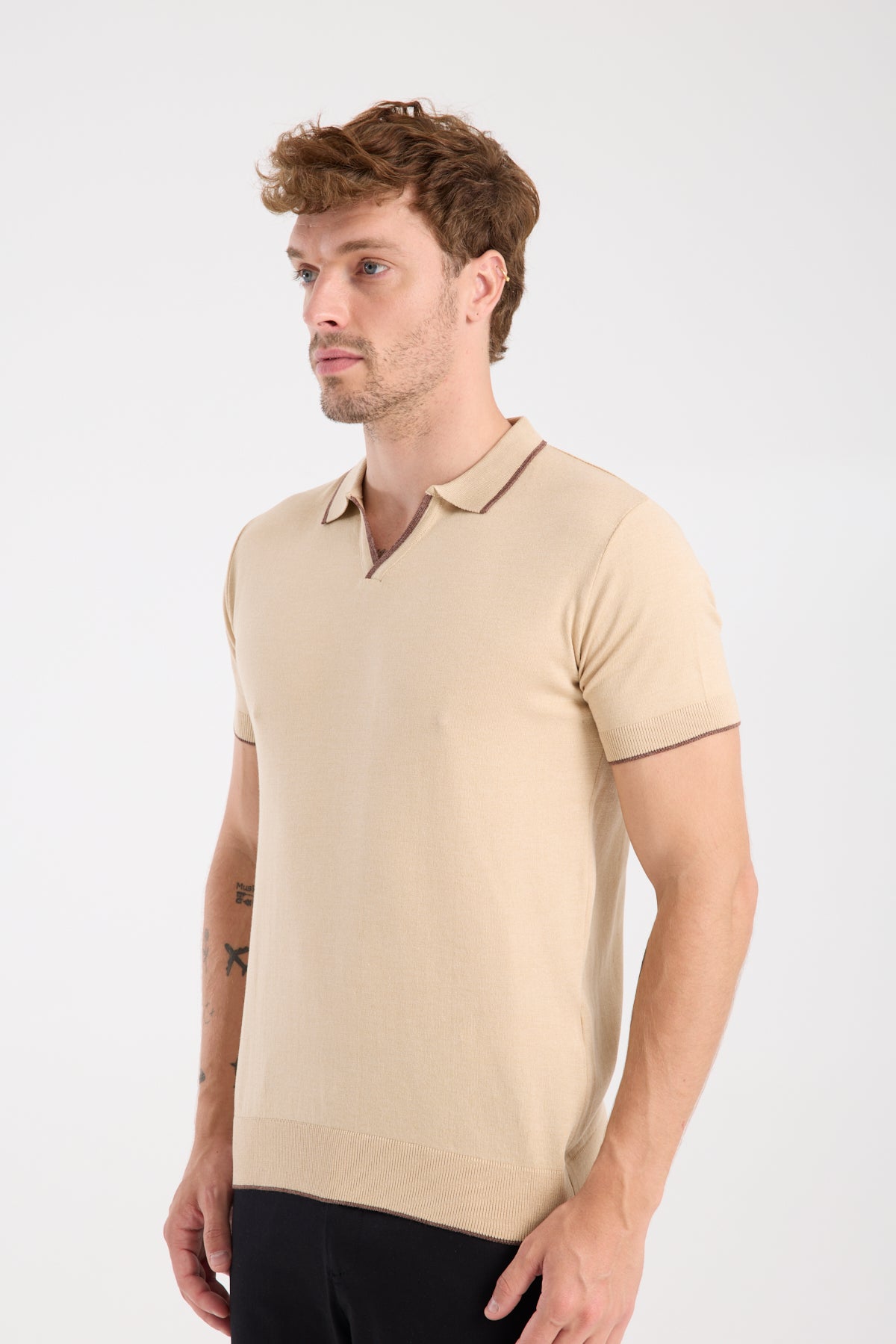AClub Delta Örme Kumaş Viskon Karışımlı Slim Fit Koyu Bej Polo Yaka Erkek Düz Polo Shirt