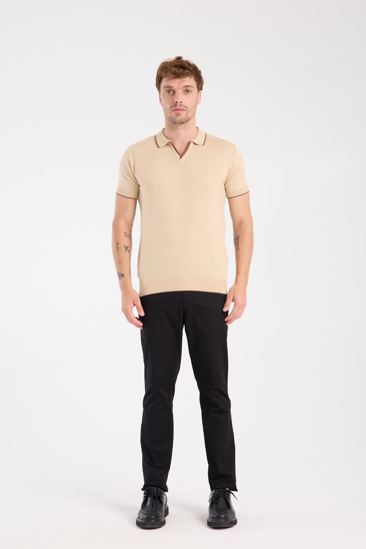 AClub Delta Örme Kumaş Viskon Karışımlı Slim Fit Koyu Bej Polo Yaka Erkek Düz Polo Shirt