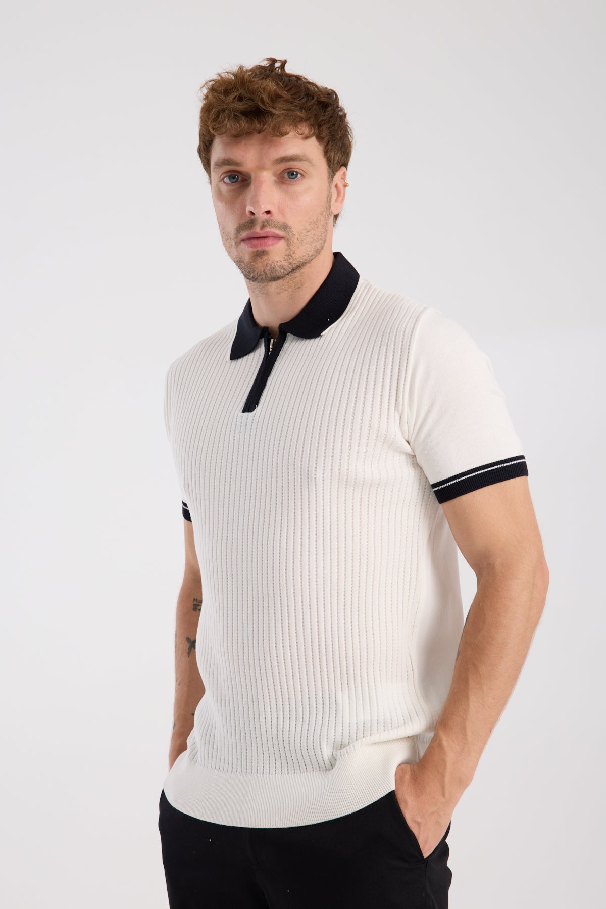 AClub Echo Örme Kumaş Viskon Karışımlı Slim Fit Ekru Polo Yaka Erkek Desenli Polo Shirt