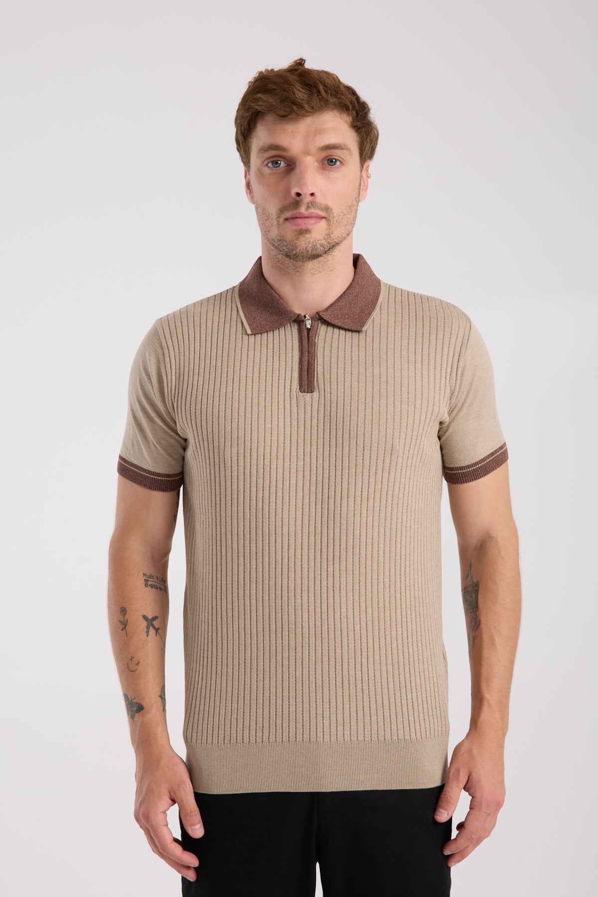 AClub Echo Örme Kumaş Viskon Karışımlı Slim Fit Vizon Polo Yaka Erkek Desenli Polo Shirt