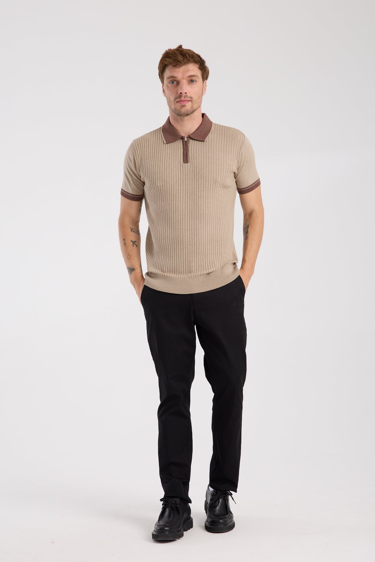 AClub Echo Örme Kumaş Viskon Karışımlı Slim Fit Vizon Polo Yaka Erkek Desenli Polo Shirt