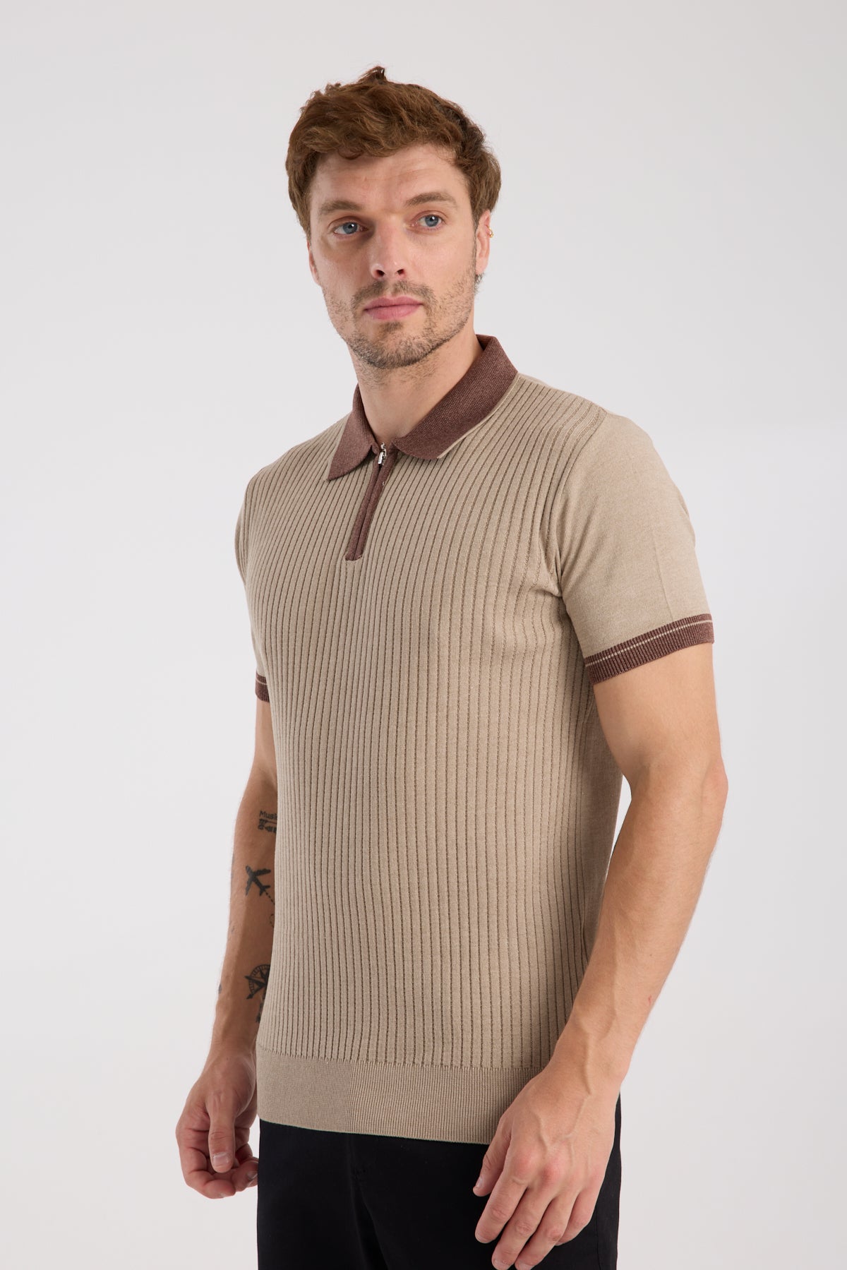 AClub Echo Örme Kumaş Viskon Karışımlı Slim Fit Vizon Polo Yaka Erkek Desenli Polo Shirt