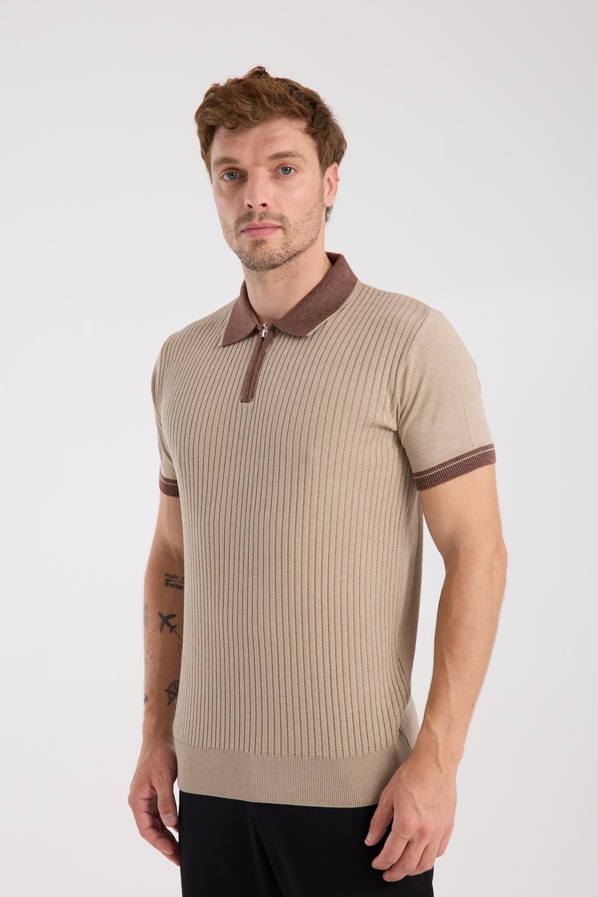 AClub Echo Örme Kumaş Viskon Karışımlı Slim Fit Vizon Polo Yaka Erkek Desenli Polo Shirt