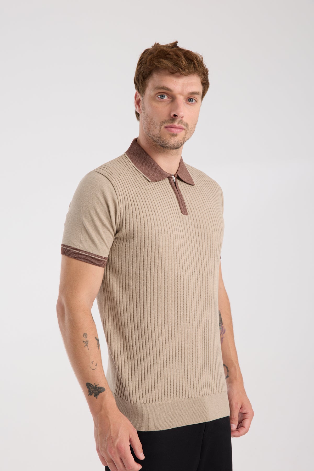 AClub Echo Örme Kumaş Viskon Karışımlı Slim Fit Vizon Polo Yaka Erkek Desenli Polo Shirt