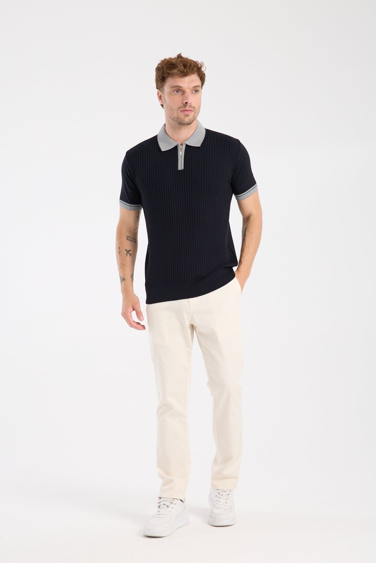 AClub Echo Örme Kumaş Viskon Karışımlı Slim Fit Lacivert Polo Yaka Erkek Desenli Polo Shirt