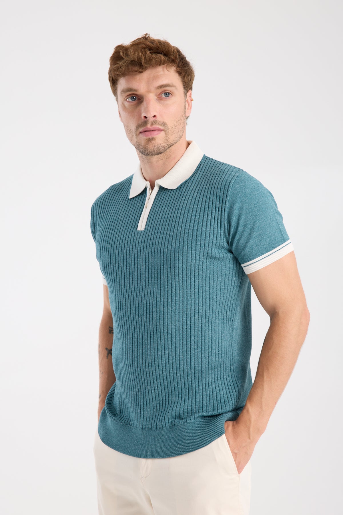 AClub Echo Örme Kumaş Viskon Karışımlı Slim Fit Petrol Polo Yaka Erkek Desenli Polo Shirt