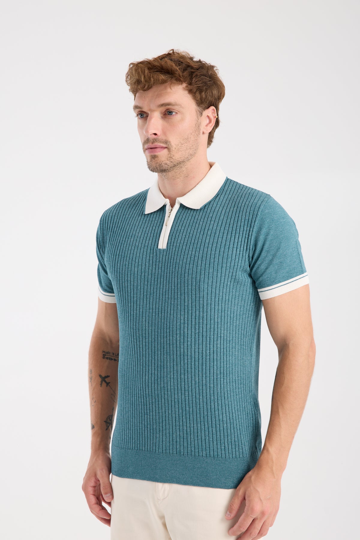 AClub Echo Örme Kumaş Viskon Karışımlı Slim Fit Petrol Polo Yaka Erkek Desenli Polo Shirt