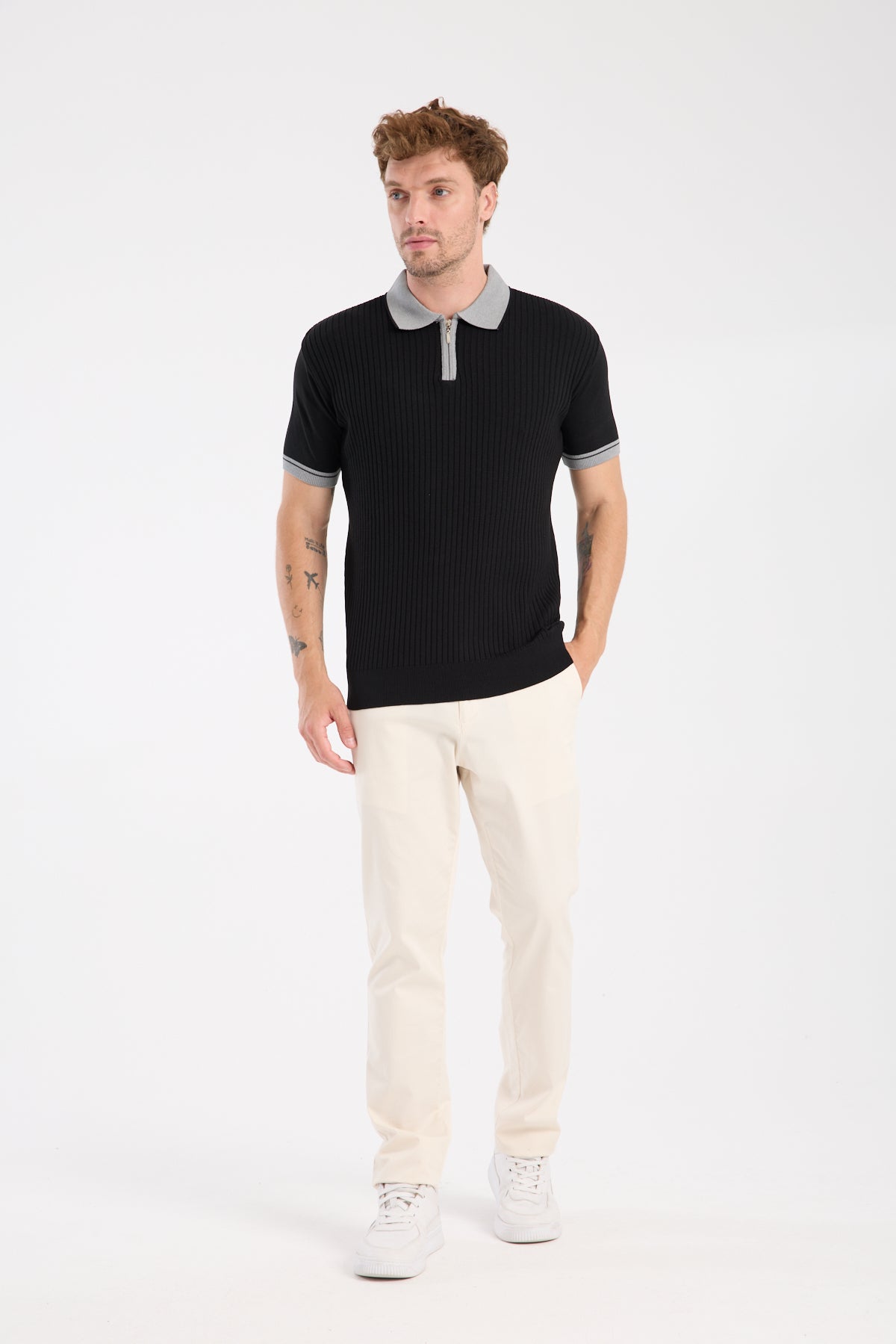 AClub Echo Örme Kumaş Viskon Karışımlı Slim Fit Siyah Polo Yaka Erkek Desenli Polo Shirt