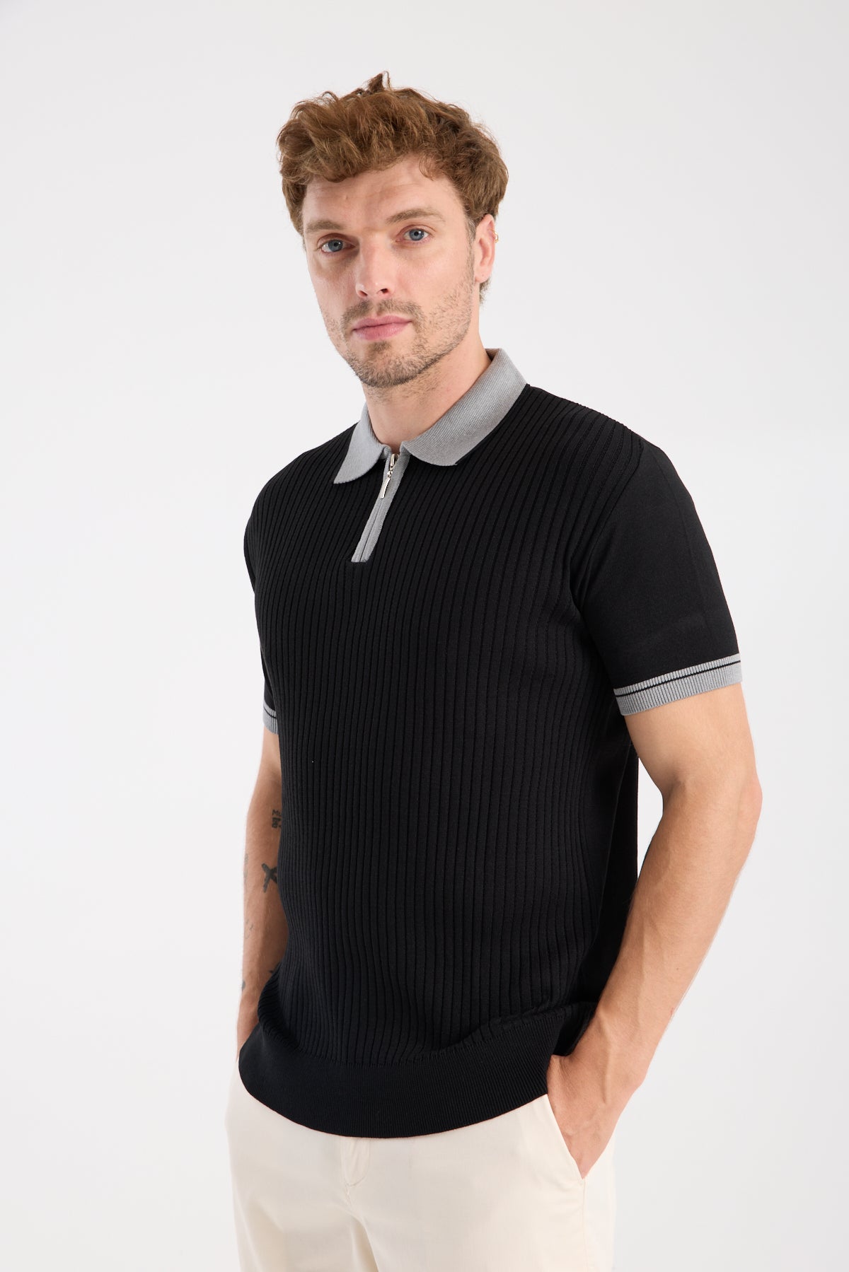 AClub Echo Örme Kumaş Viskon Karışımlı Slim Fit Siyah Polo Yaka Erkek Desenli Polo Shirt