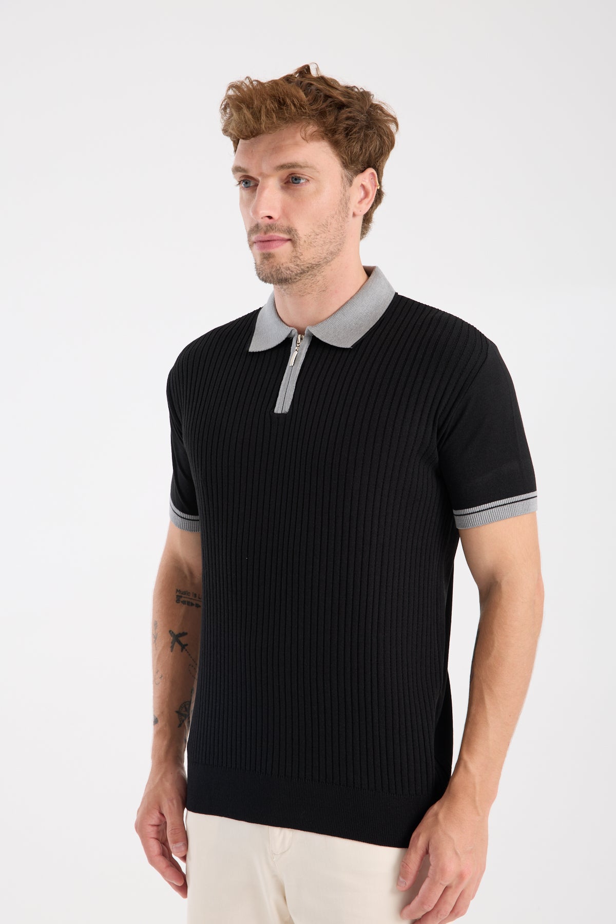 AClub Echo Örme Kumaş Viskon Karışımlı Slim Fit Siyah Polo Yaka Erkek Desenli Polo Shirt