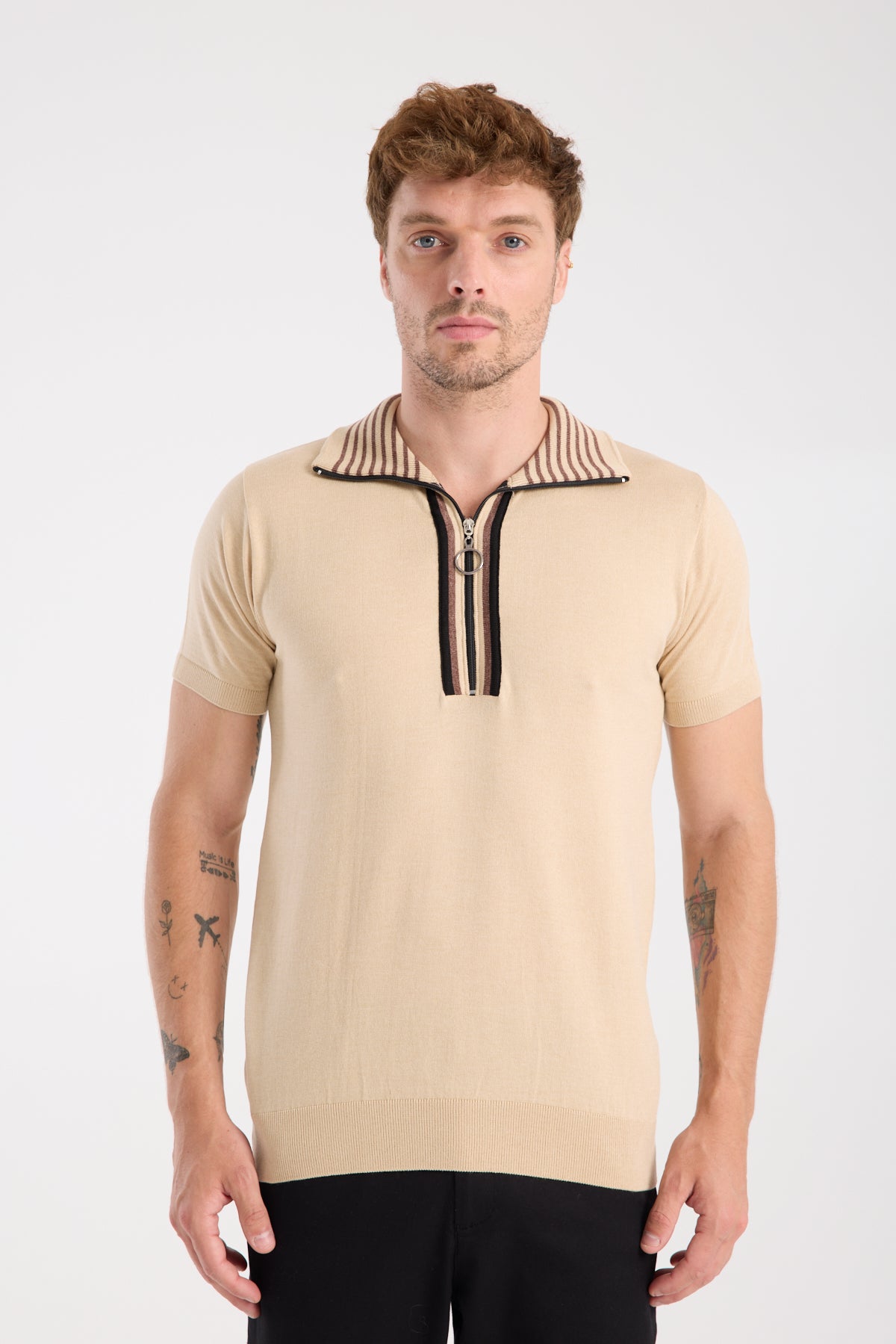 AClub Foxtrot Örme Kumaş Viskon Karışımlı Slim Fit Koyu Bej Dik Yaka Erkek Düz Polo Shirt