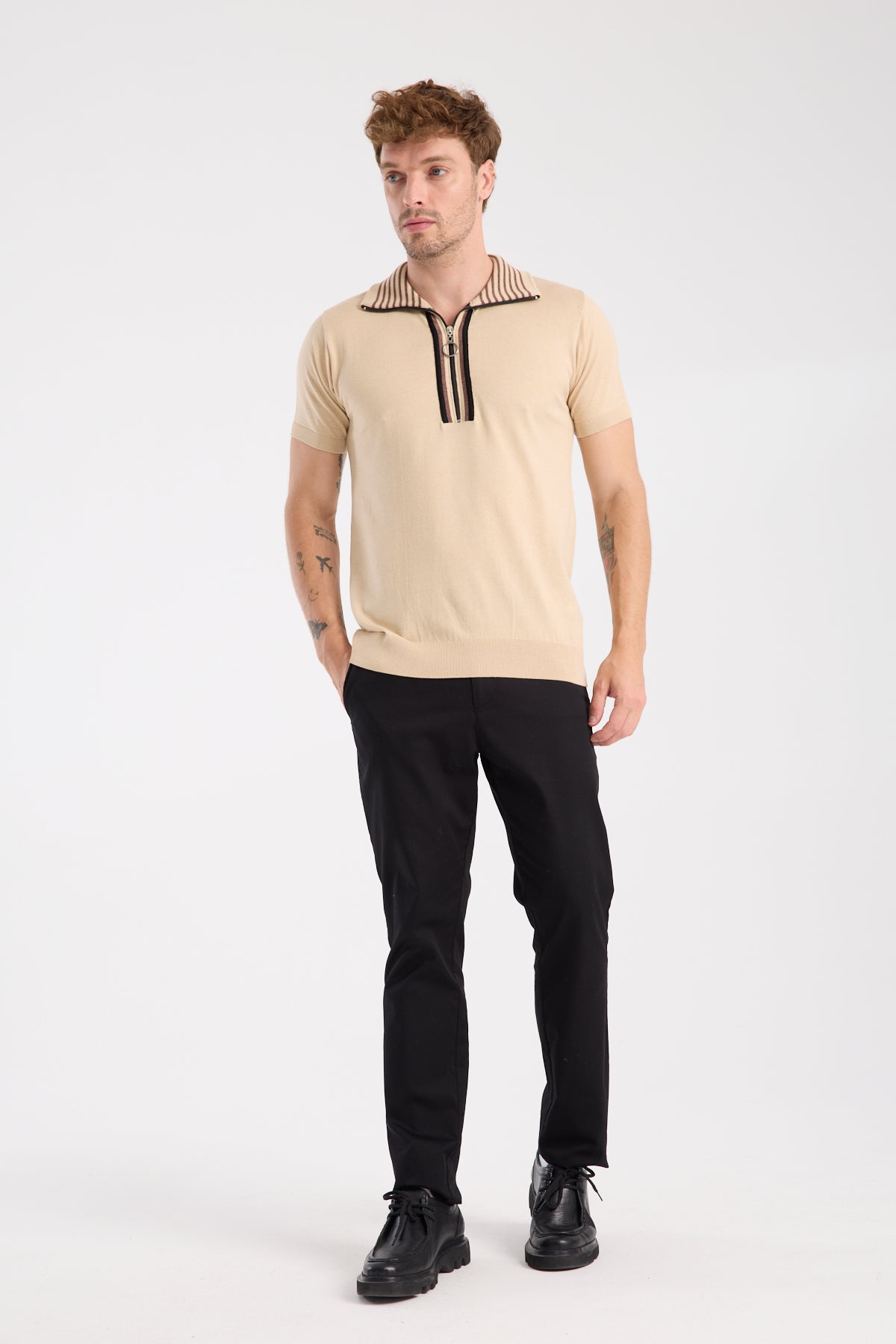 AClub Foxtrot Örme Kumaş Viskon Karışımlı Slim Fit Koyu Bej Dik Yaka Erkek Düz Polo Shirt
