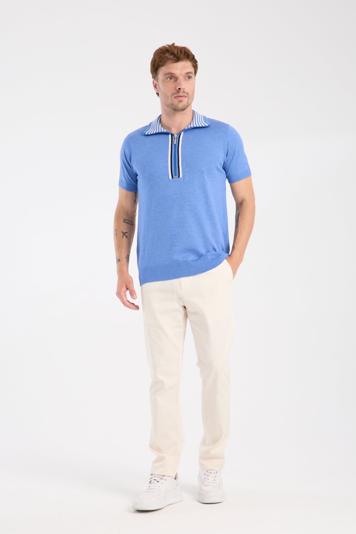 AClub Foxtrot Örme Kumaş Viskon Karışımlı Slim Fit Mavi Dik Yaka Erkek Düz Polo Shirt