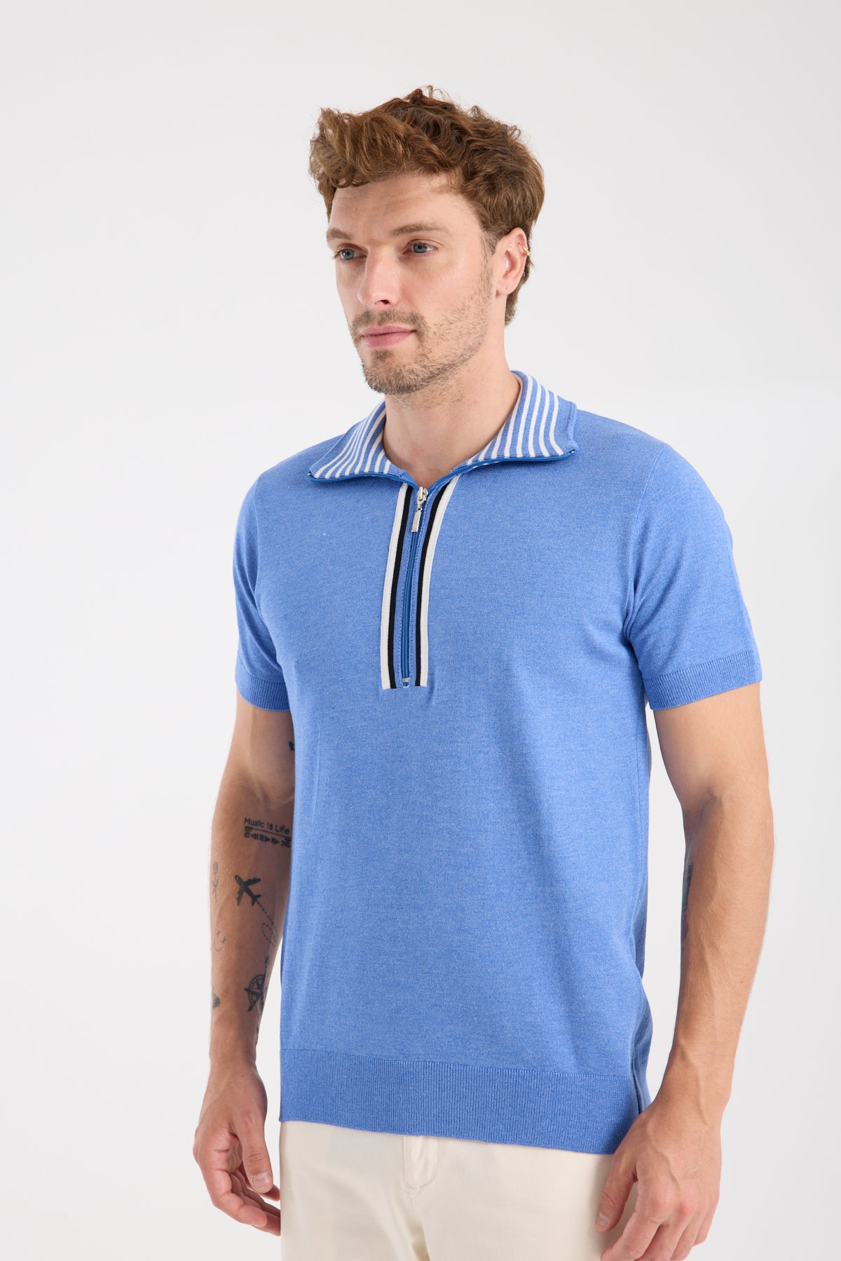 AClub Foxtrot Örme Kumaş Viskon Karışımlı Slim Fit Mavi Dik Yaka Erkek Düz Polo Shirt