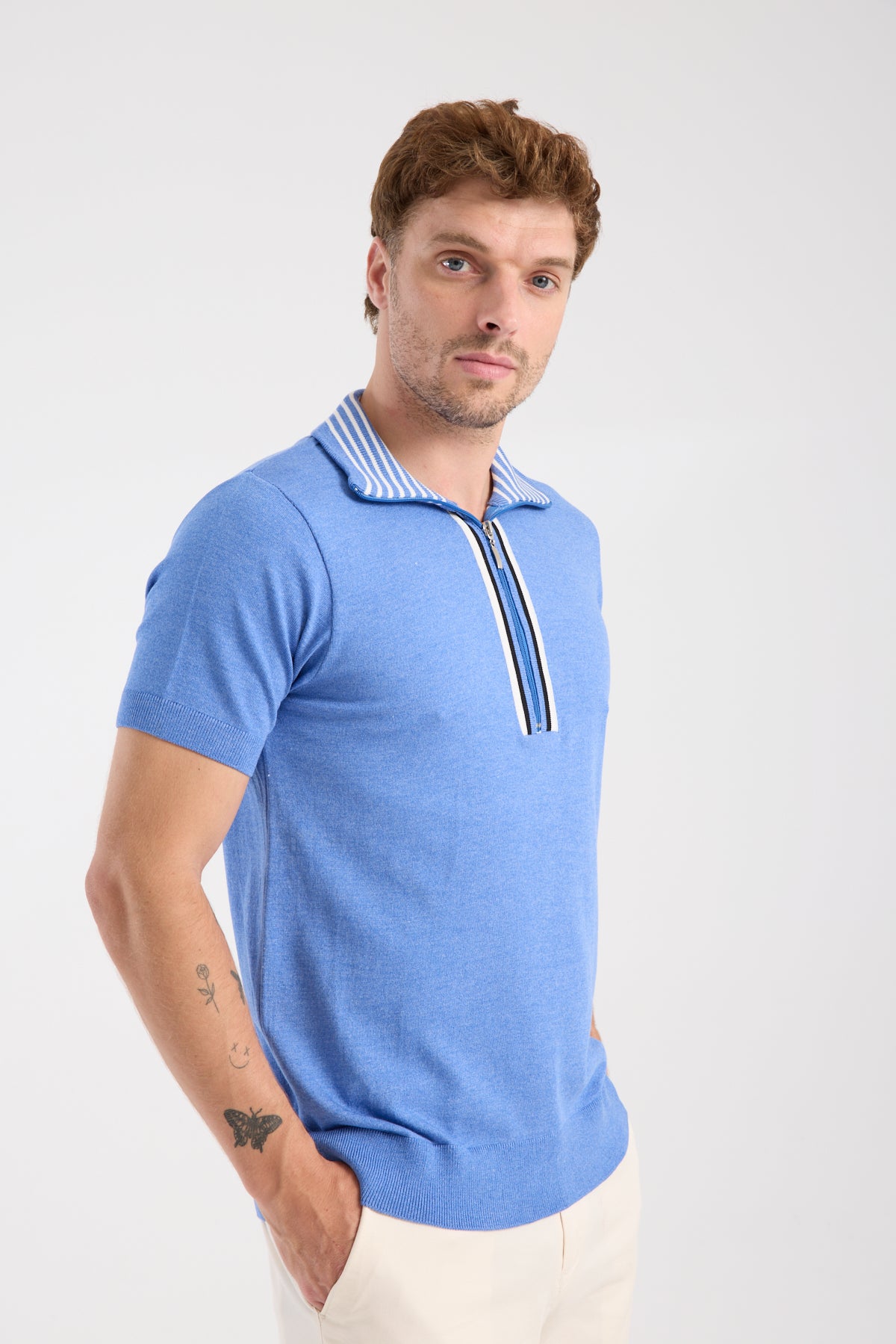 AClub Foxtrot Örme Kumaş Viskon Karışımlı Slim Fit Mavi Dik Yaka Erkek Düz Polo Shirt