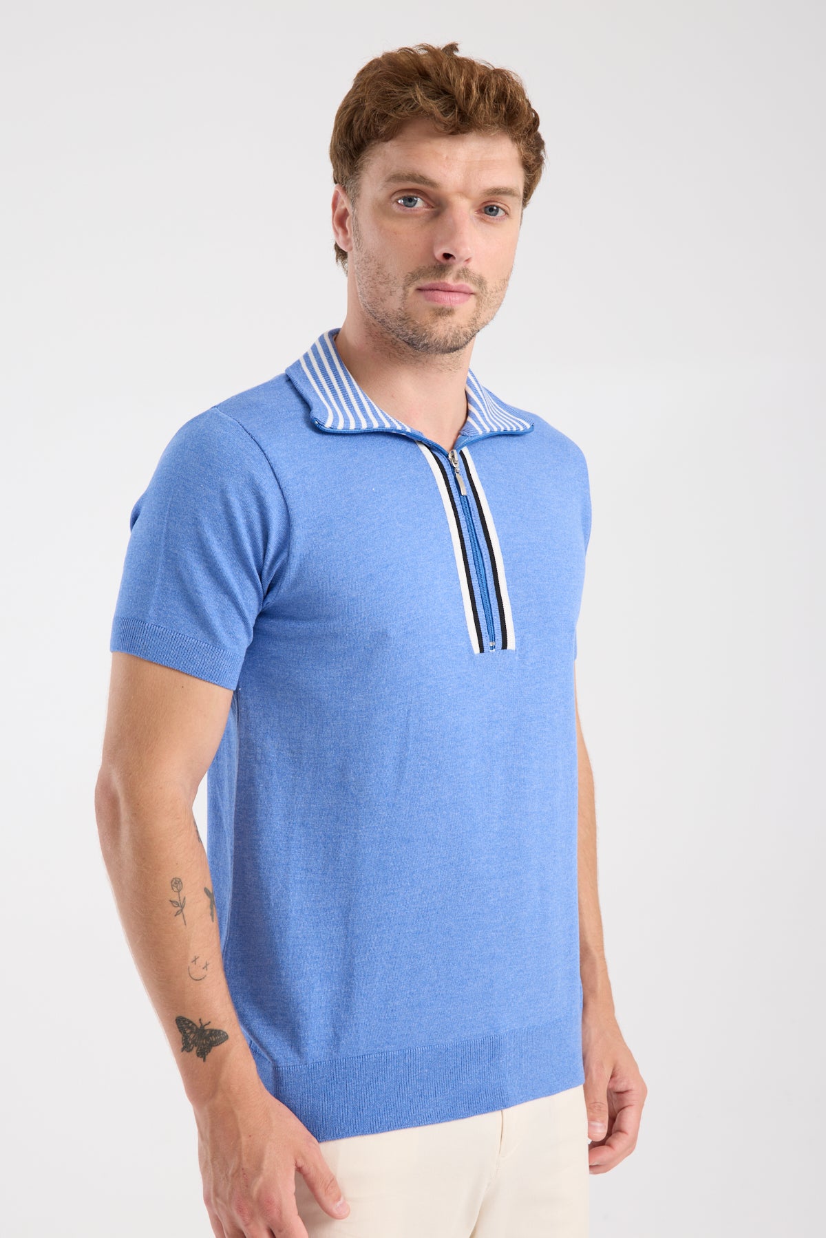 AClub Foxtrot Örme Kumaş Viskon Karışımlı Slim Fit Mavi Dik Yaka Erkek Düz Polo Shirt