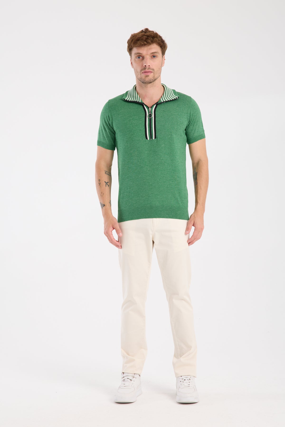AClub Foxtrot Örme Kumaş Viskon Karışımlı Slim Fit Yeşil Dik Yaka Erkek Düz Polo Shirt