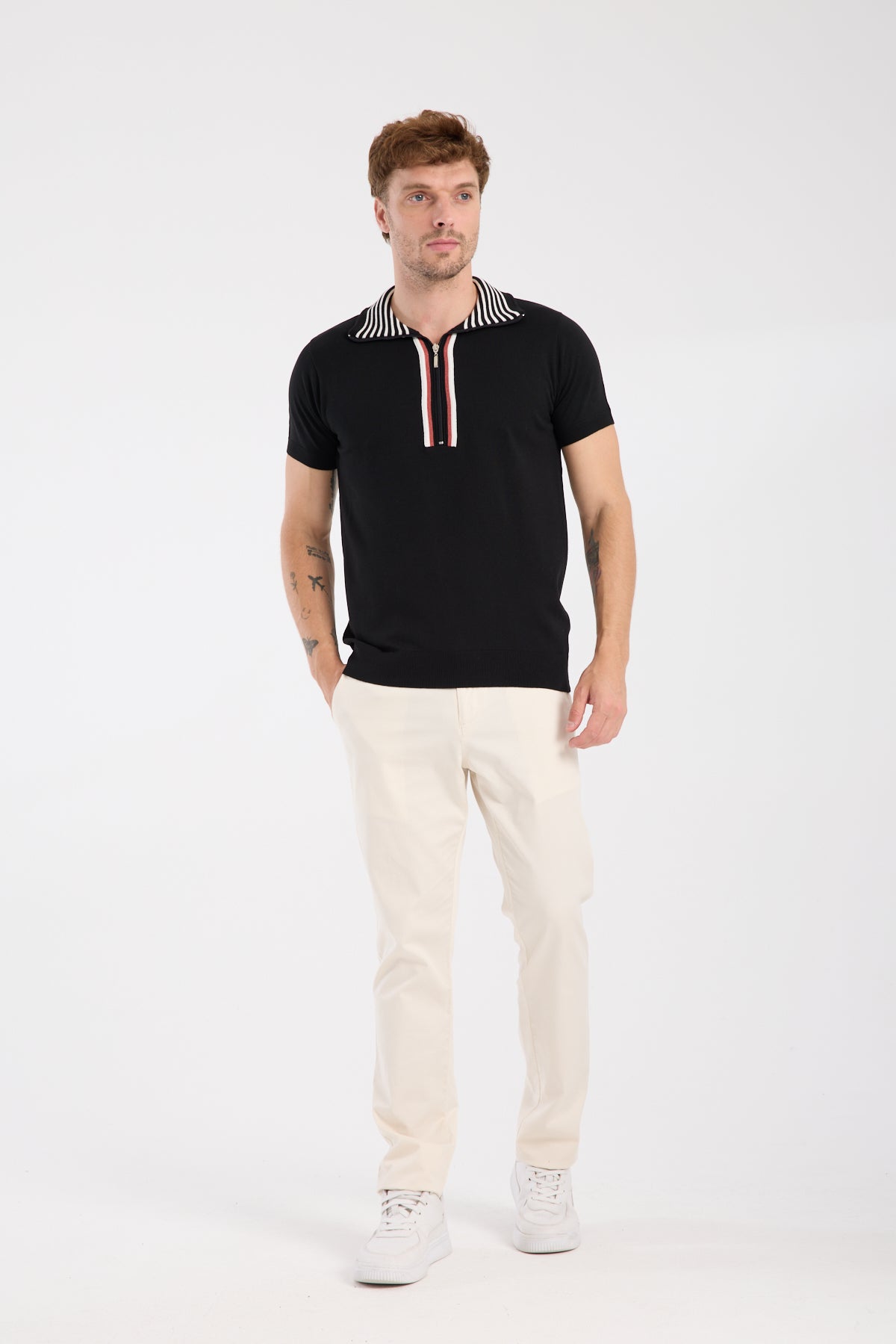 AClub Foxtrot Örme Kumaş Viskon Karışımlı Slim Fit Siyah Dik Yaka Erkek Düz Polo Shirt
