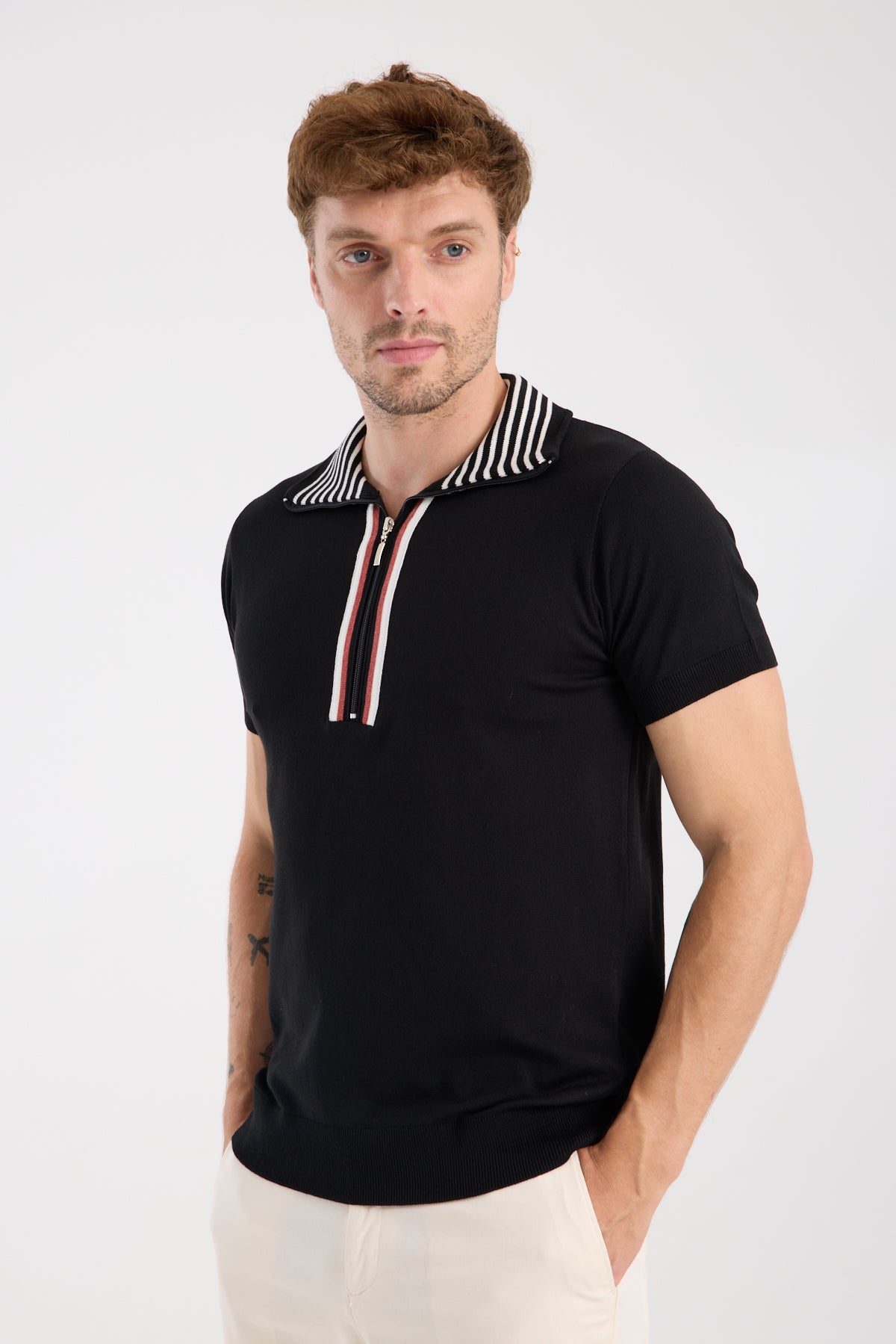 AClub Foxtrot Örme Kumaş Viskon Karışımlı Slim Fit Siyah Dik Yaka Erkek Düz Polo Shirt