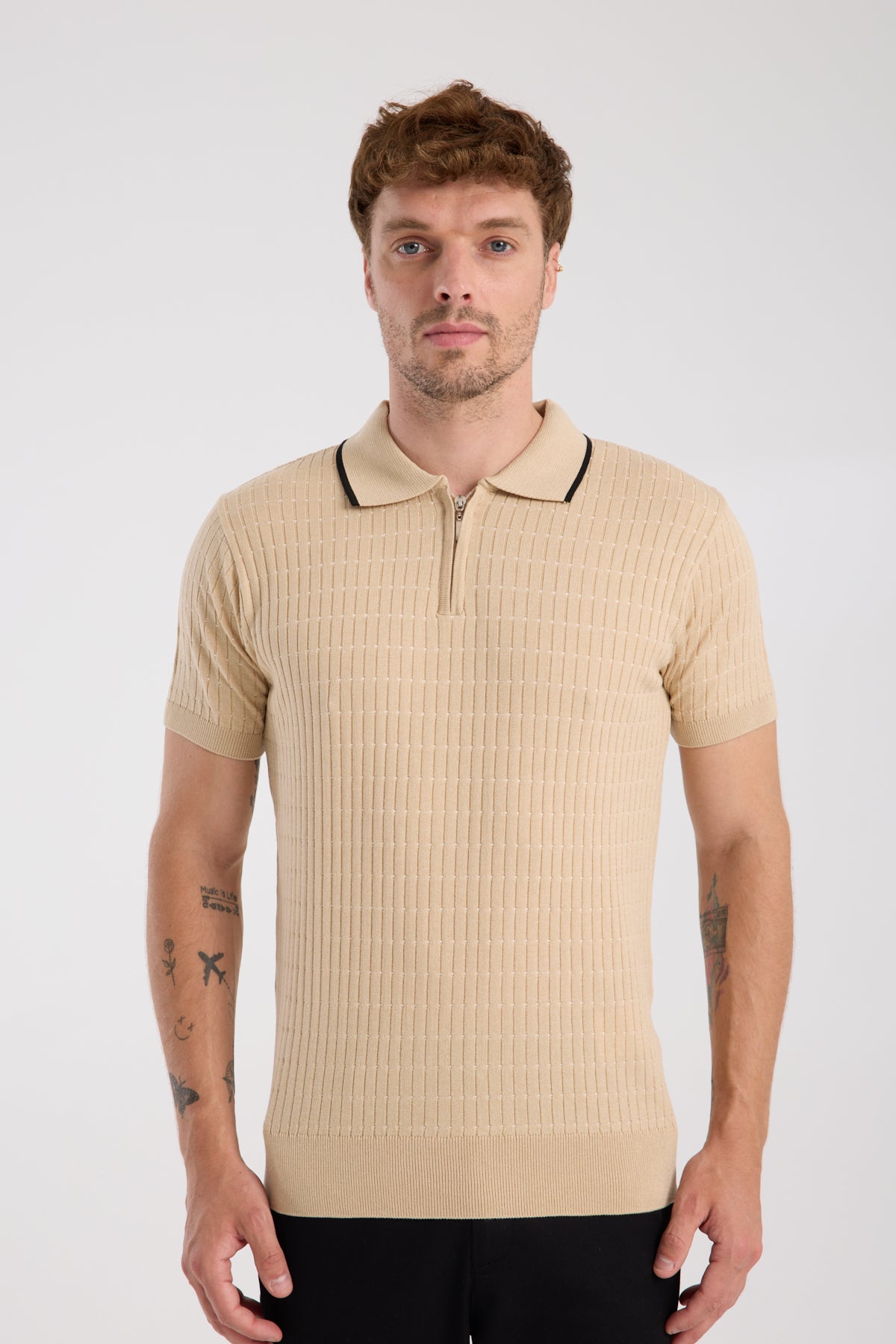 AClub Sierra Örme Kumaş Viskon Karışımlı Slim Fit Koyu Bej Polo Yaka Erkek Düz Polo Shirt
