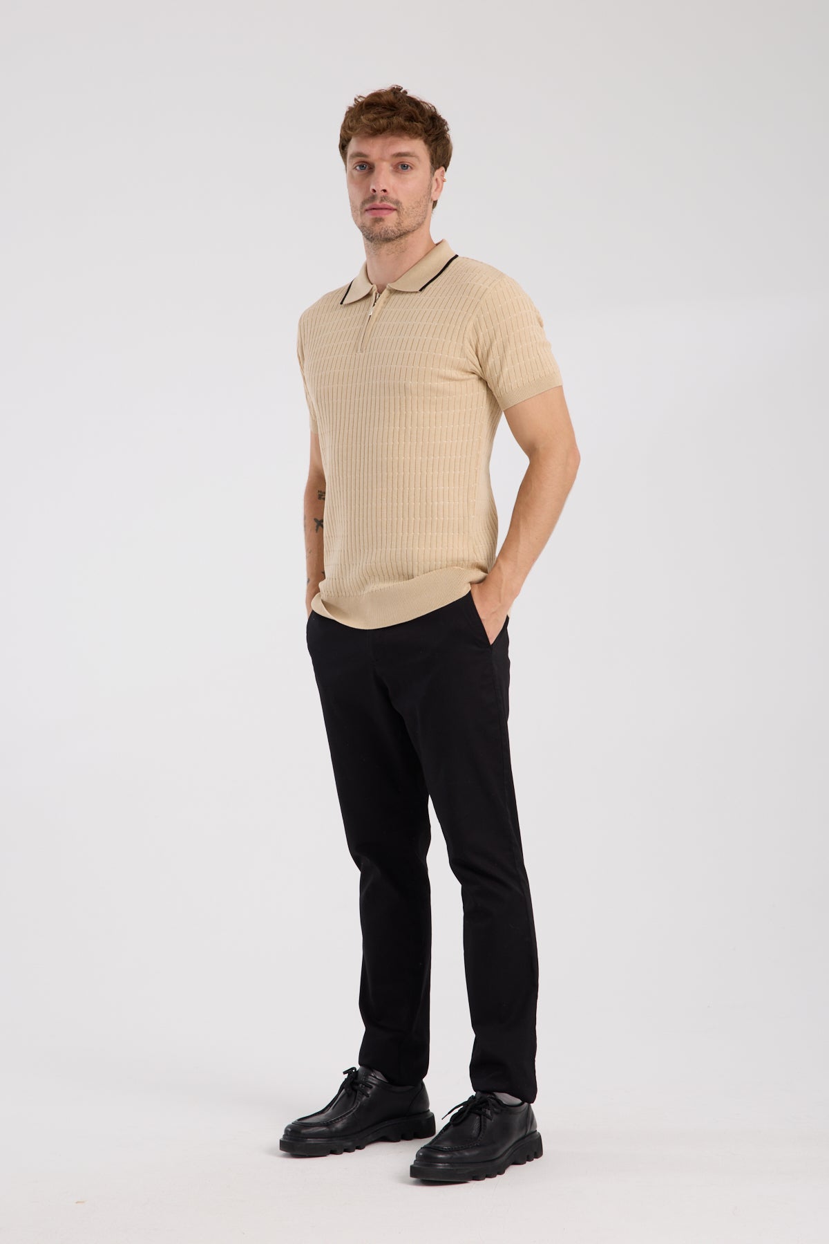 AClub Sierra Örme Kumaş Viskon Karışımlı Slim Fit Koyu Bej Polo Yaka Erkek Düz Polo Shirt