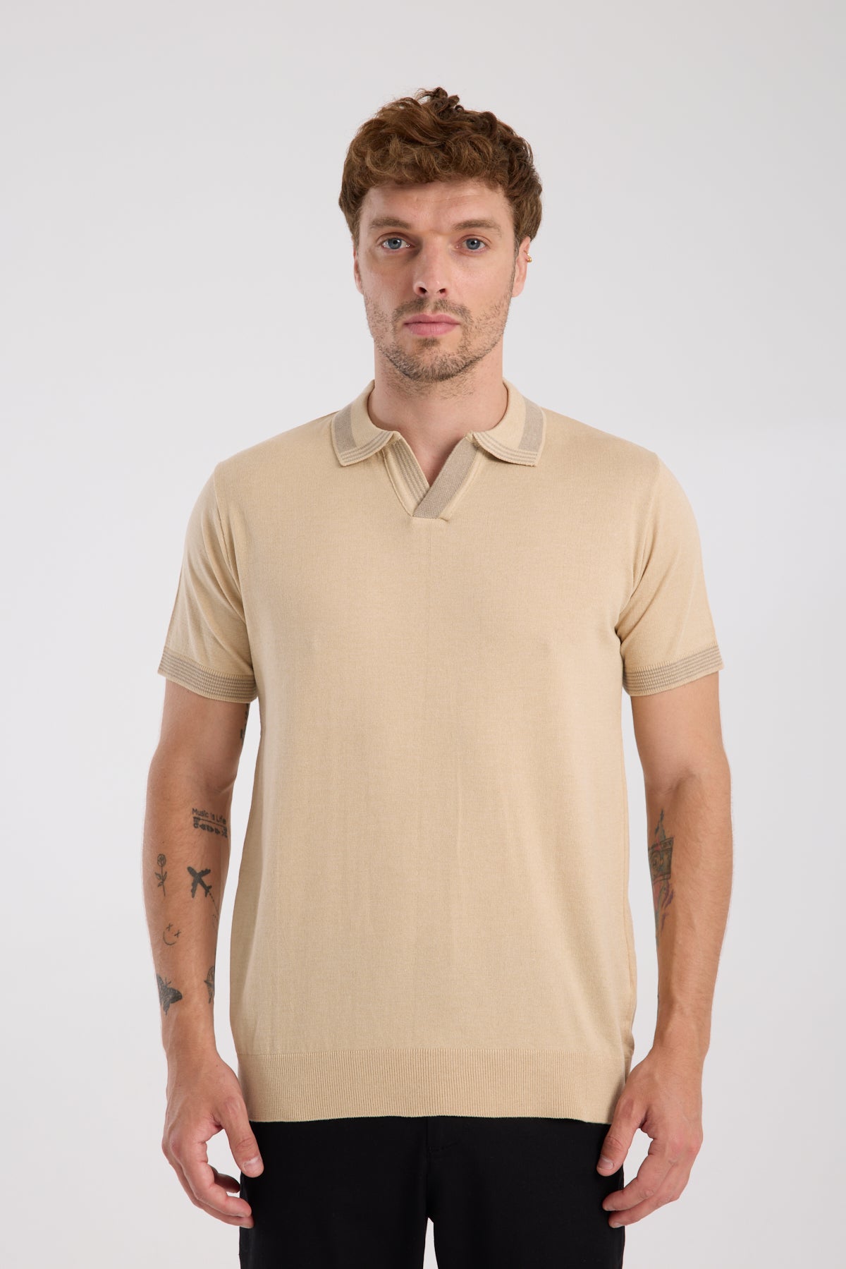 AClub Victor Örme Kumaş Viskon Karışımlı Slim Fit Koyu Bej Polo Yaka Erkek Düz Polo Shirt