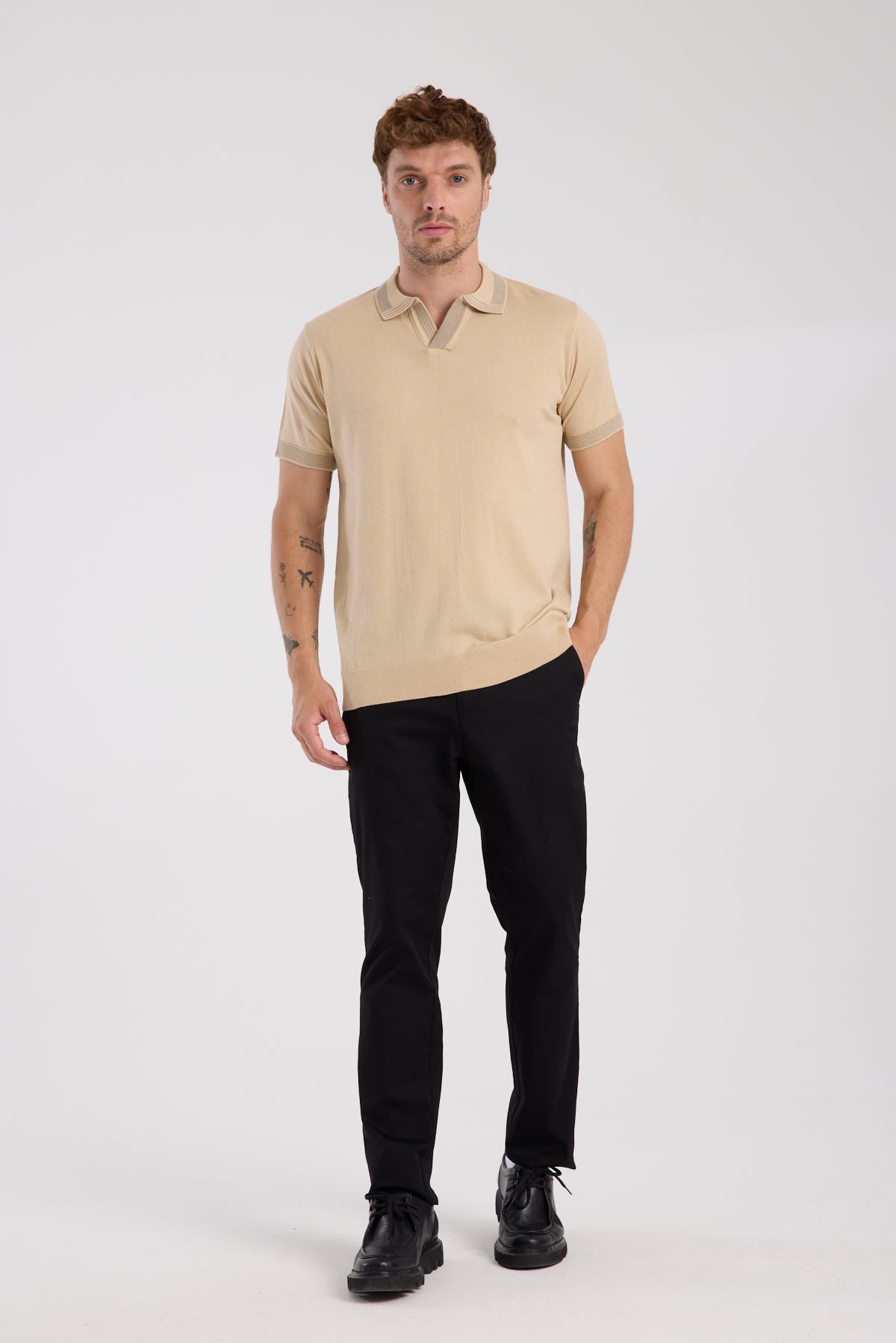 AClub Victor Örme Kumaş Viskon Karışımlı Slim Fit Koyu Bej Polo Yaka Erkek Düz Polo Shirt