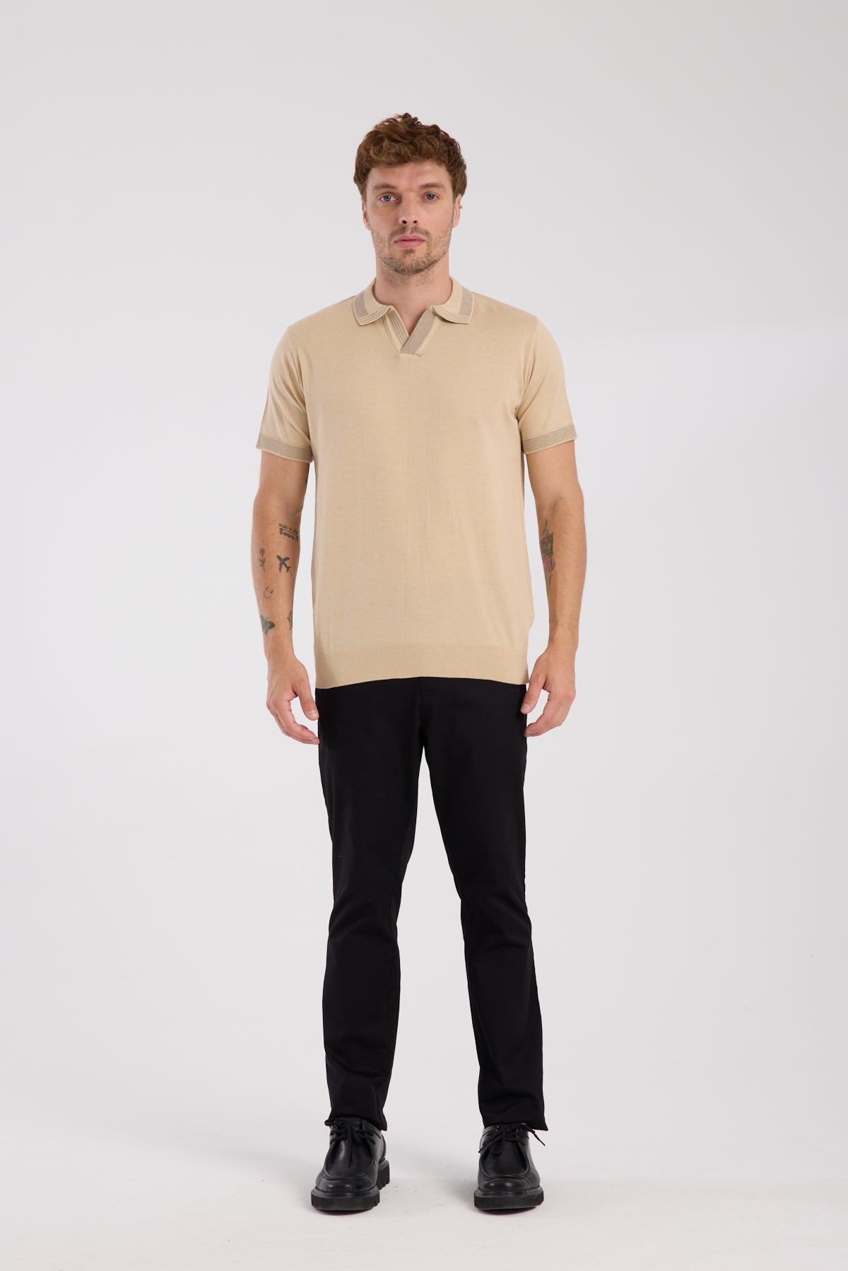 AClub Victor Örme Kumaş Viskon Karışımlı Slim Fit Koyu Bej Polo Yaka Erkek Düz Polo Shirt