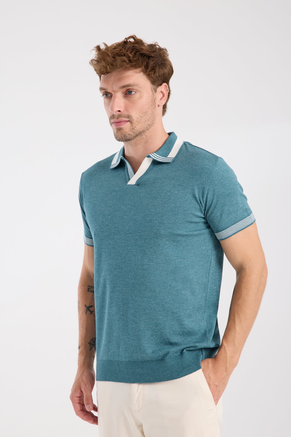 AClub Victor Örme Kumaş Viskon Karışımlı Slim Fit Petrol Polo Yaka Erkek Düz Polo Shirt