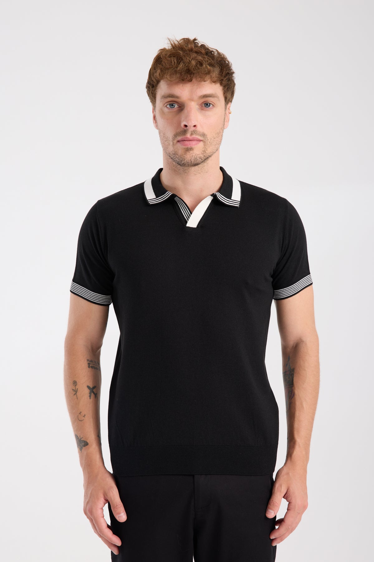 AClub Victor Örme Kumaş Viskon Karışımlı Slim Fit Siyah Polo Yaka Erkek Düz Polo Shirt