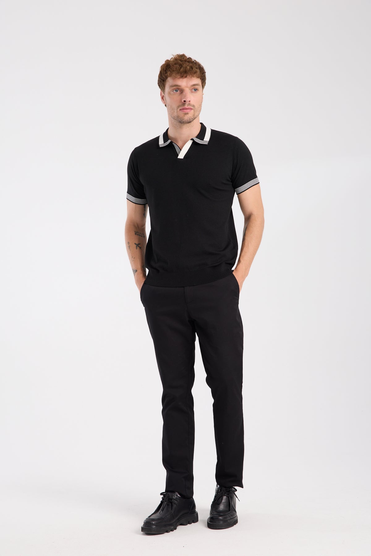 AClub Victor Örme Kumaş Viskon Karışımlı Slim Fit Siyah Polo Yaka Erkek Düz Polo Shirt