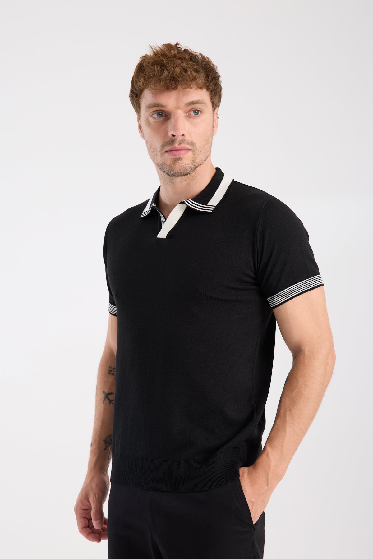 AClub Victor Örme Kumaş Viskon Karışımlı Slim Fit Siyah Polo Yaka Erkek Düz Polo Shirt