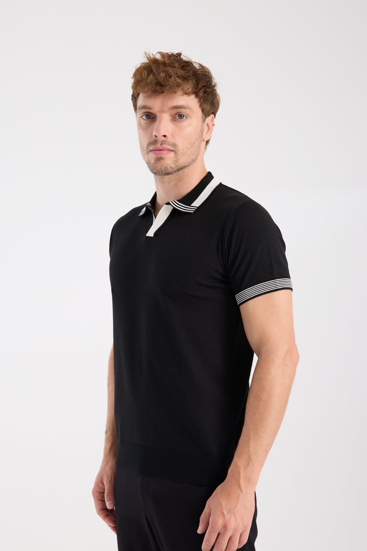 AClub Victor Örme Kumaş Viskon Karışımlı Slim Fit Siyah Polo Yaka Erkek Düz Polo Shirt