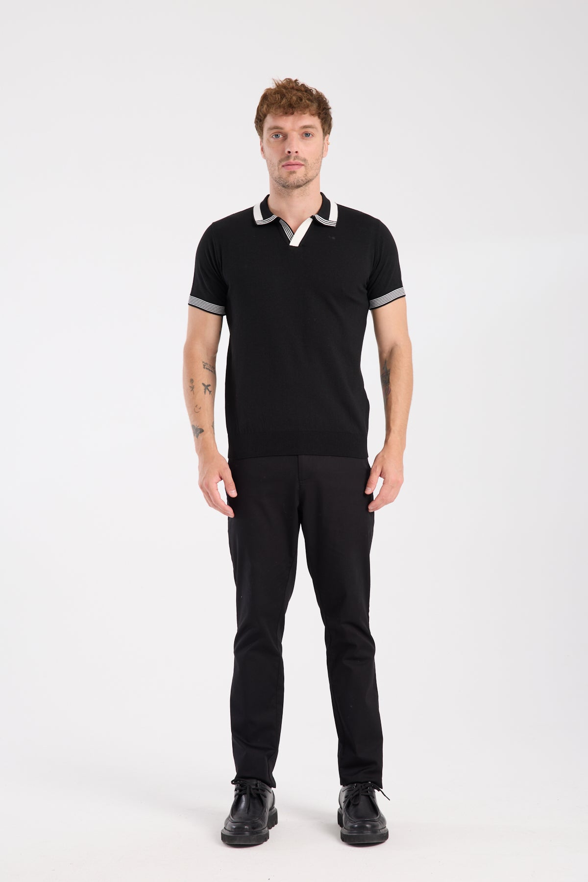 AClub Victor Örme Kumaş Viskon Karışımlı Slim Fit Siyah Polo Yaka Erkek Düz Polo Shirt