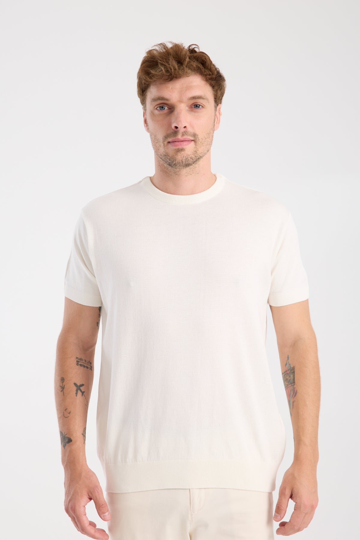 AClub Zulu Örme Kumaş Viskon Karışımlı Slim Fit Ekru Bisiklet Yaka Erkek Düz T-Shirt
