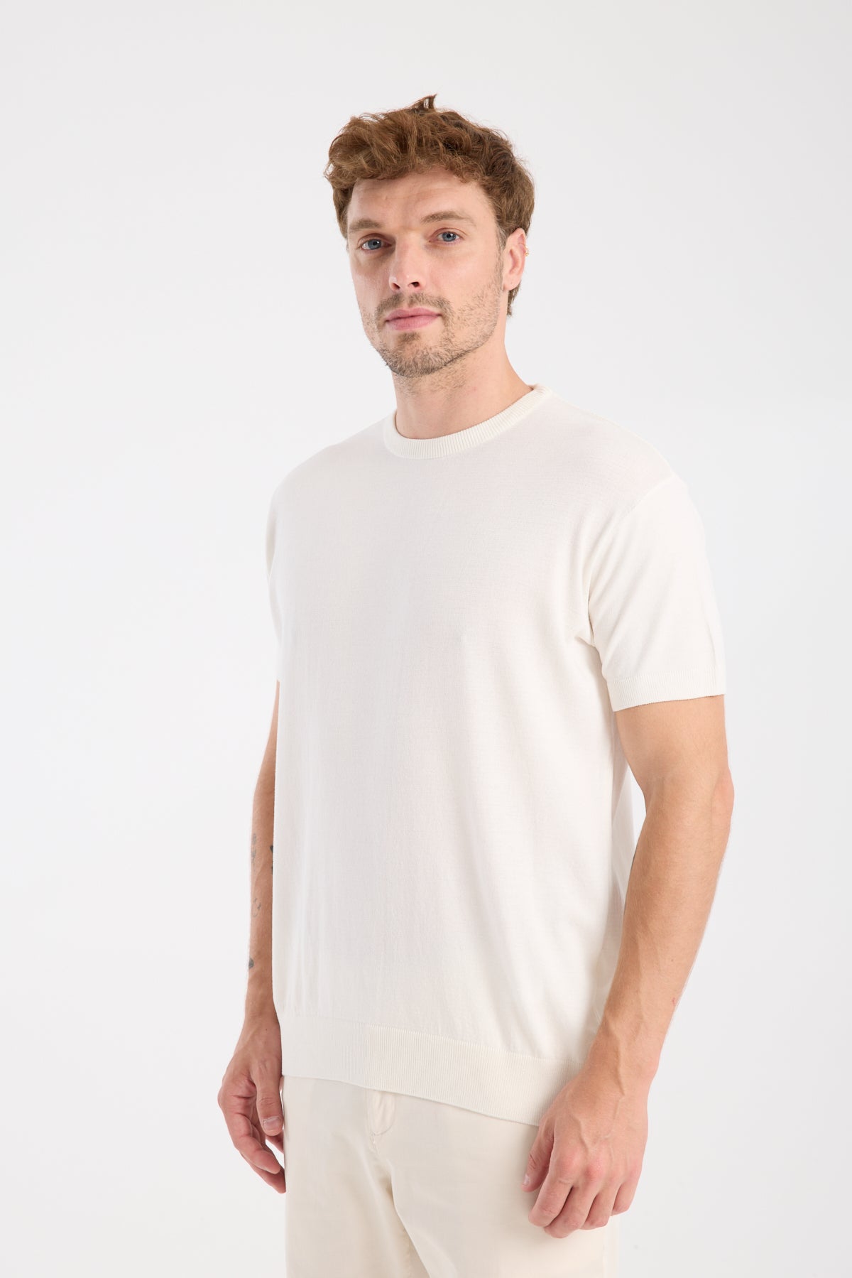 AClub Zulu Örme Kumaş Viskon Karışımlı Slim Fit Ekru Bisiklet Yaka Erkek Düz T-Shirt