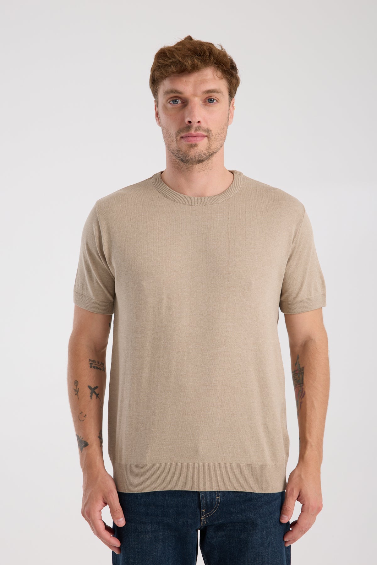 AClub Zulu Örme Kumaş Viskon Karışımlı Slim Fit Vizon Bisiklet Yaka Erkek Düz T-Shirt