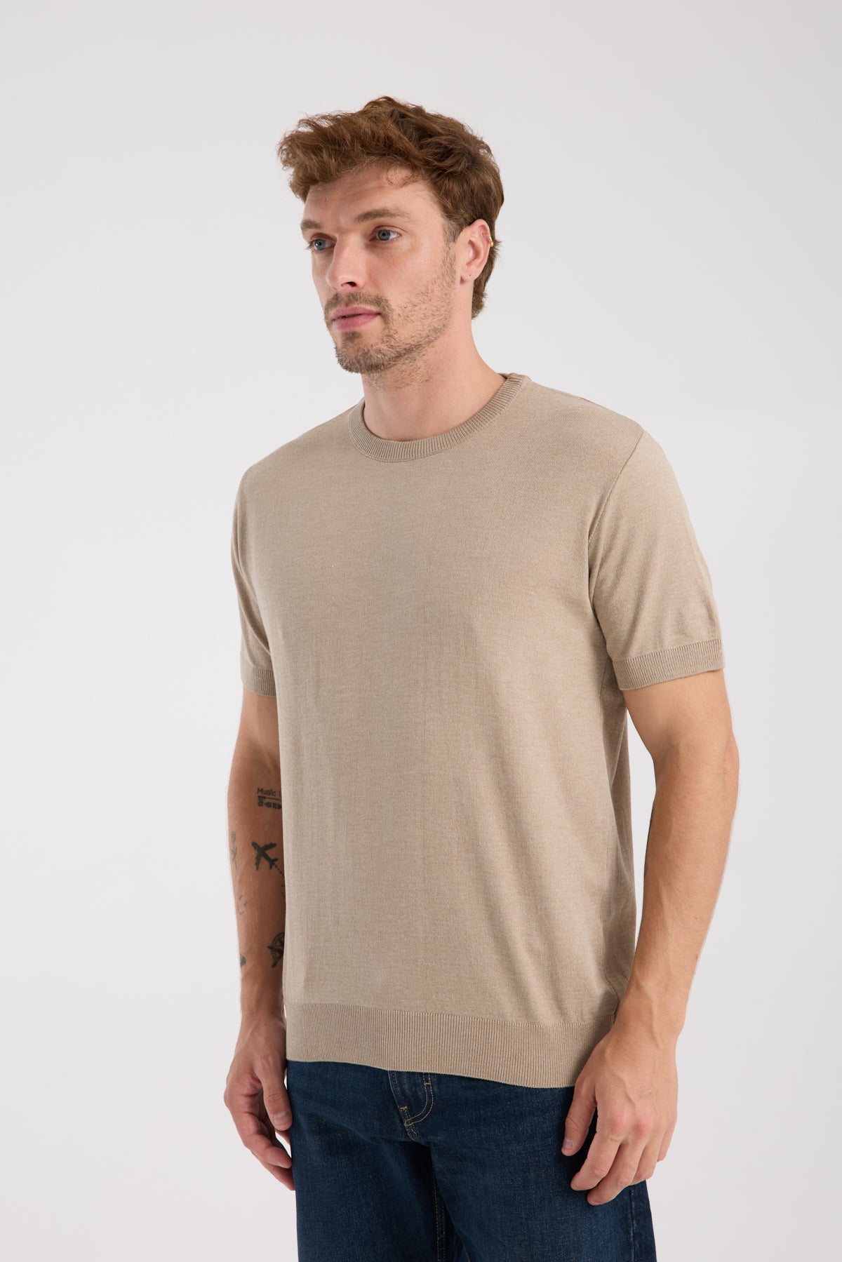 AClub Zulu Örme Kumaş Viskon Karışımlı Slim Fit Vizon Bisiklet Yaka Erkek Düz T-Shirt