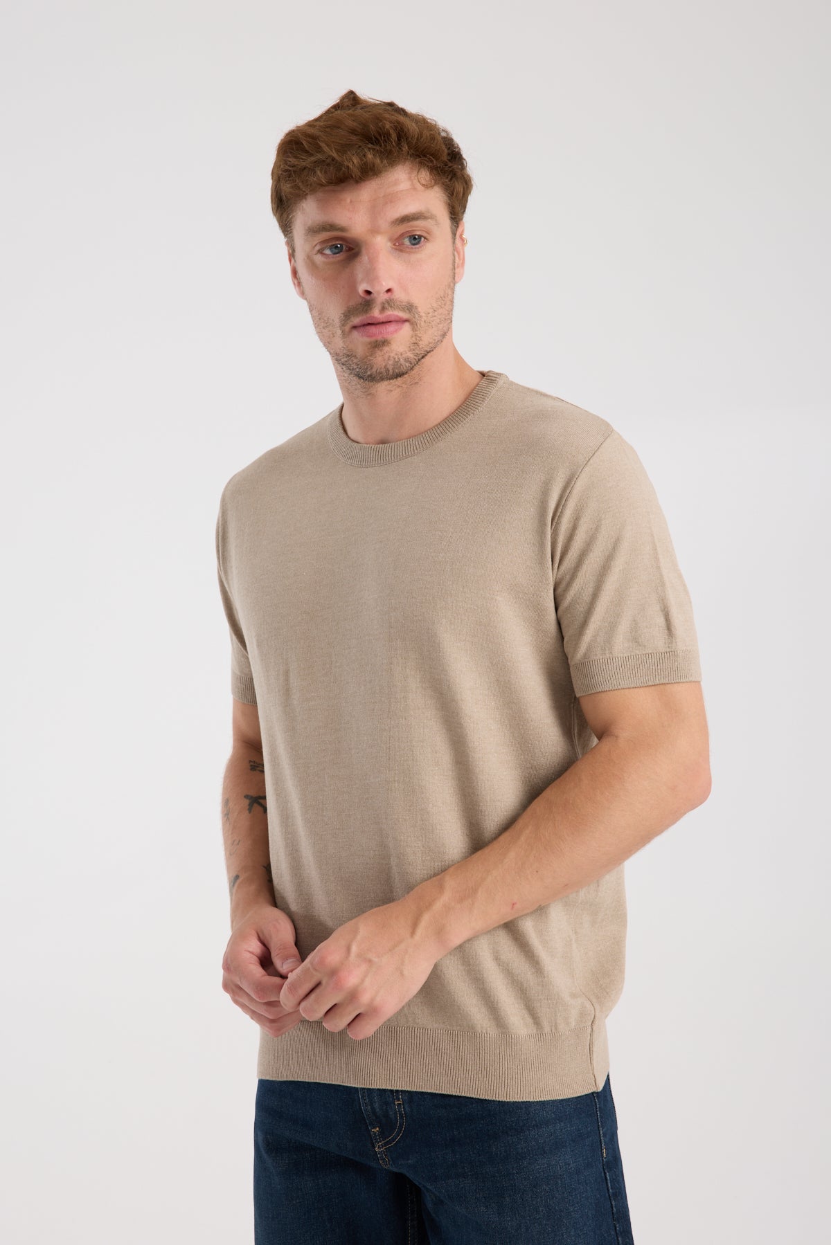 AClub Zulu Örme Kumaş Viskon Karışımlı Slim Fit Vizon Bisiklet Yaka Erkek Düz T-Shirt
