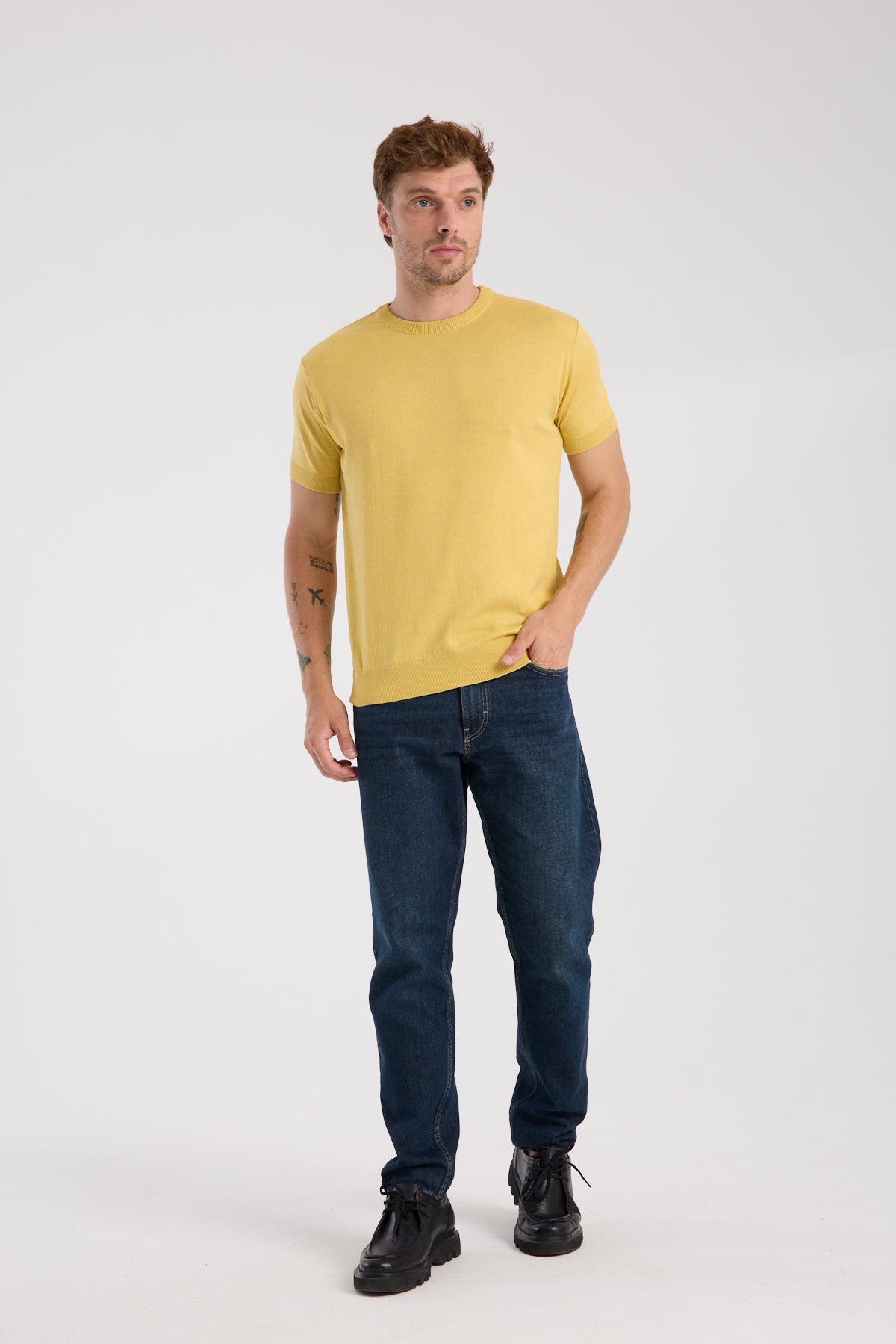 AClub Zulu Örme Kumaş Viskon Karışımlı Slim Fit Sarı Bisiklet Yaka Erkek Düz T-Shirt